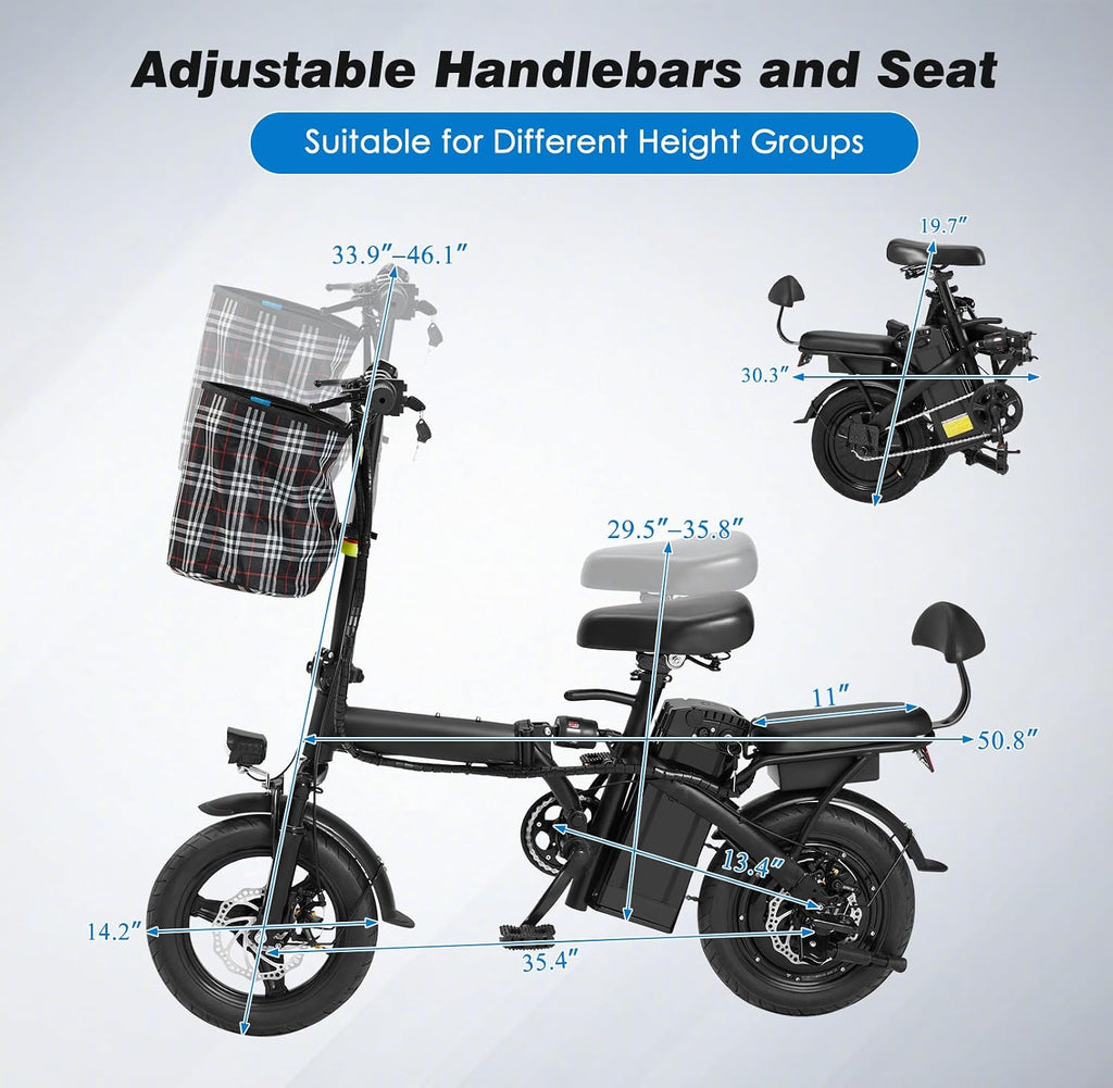 Mdeam Foldable Electric Bike,500W Motor Compact Adults Commute Ebike 20 MPH Max Speed,30+ Miles Folding Electric Bicycle with Passenger Seat,14' Mini E-Bike 2 Seater for Adults/Teens