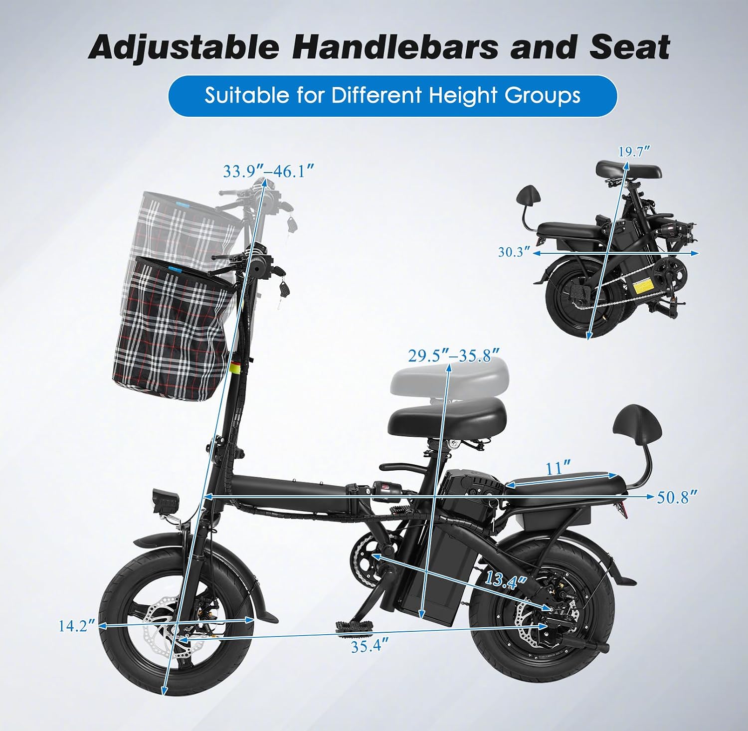 Mdeam Foldable Electric Bike,500W Motor Compact Adults Commute Ebike 20 MPH Max Speed,30+ Miles Folding Electric Bicycle with Passenger Seat,14' Mini E-Bike 2 Seater for Adults/Teens