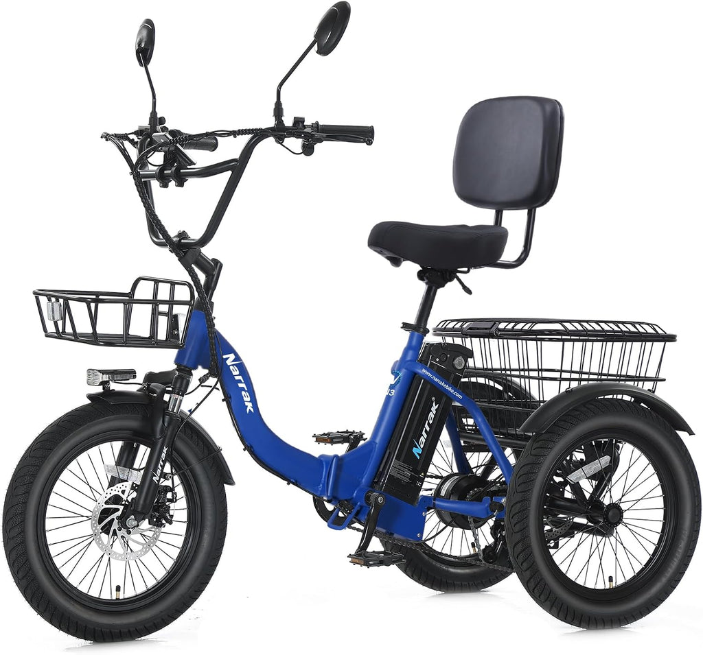 NARRAK Electric Tricycle for Adults,Fat Tire Folding Electric Trike,3 Wheels Electric Bicycle Bikes, Peak 700W/1100W Step-Thru Etrike with Removable Battery and Large Basket