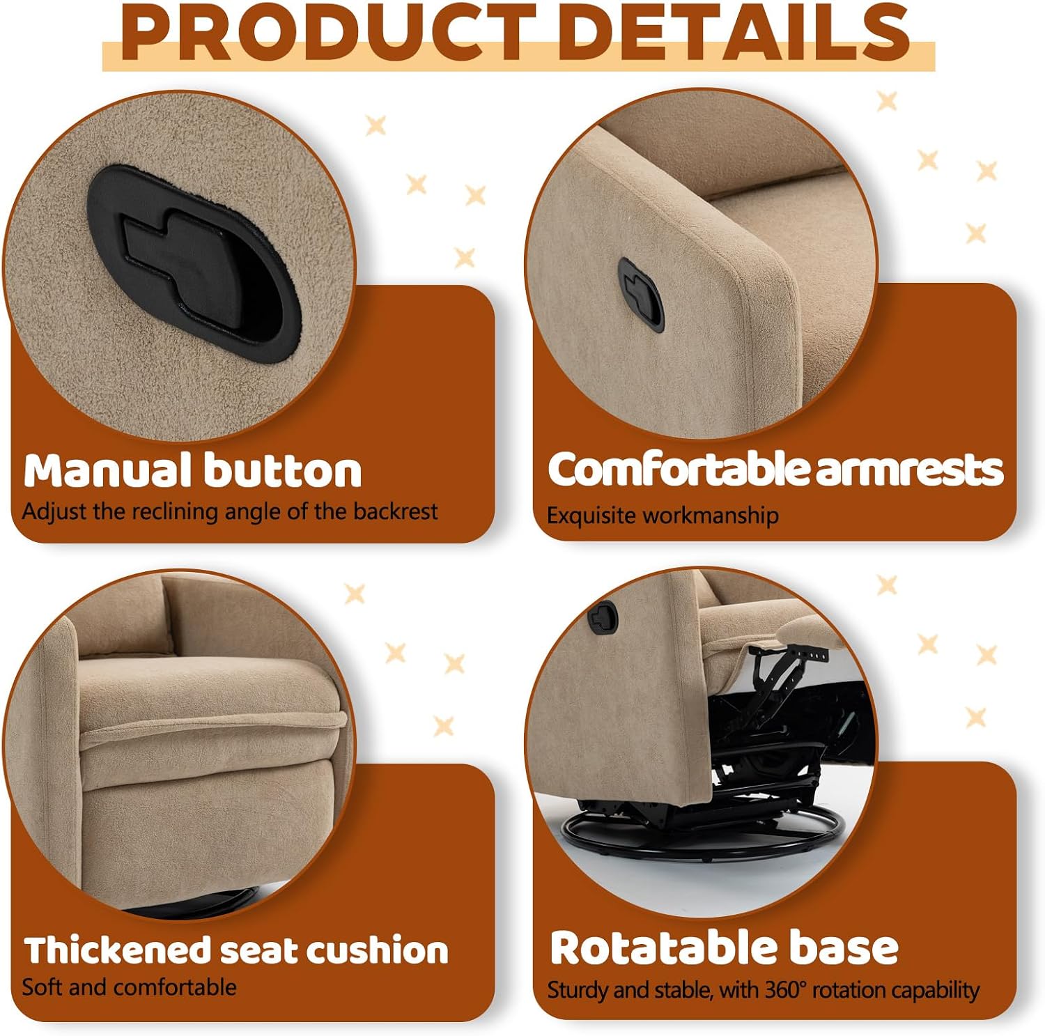 Rocker Recliner Chair for Adults, Swivel Rocker Recliner Chairs with Armrests, Glider Recliner Nursery Chair with Black Metal Base, Small Recliners for Small Spaces, Living Room (Camel)