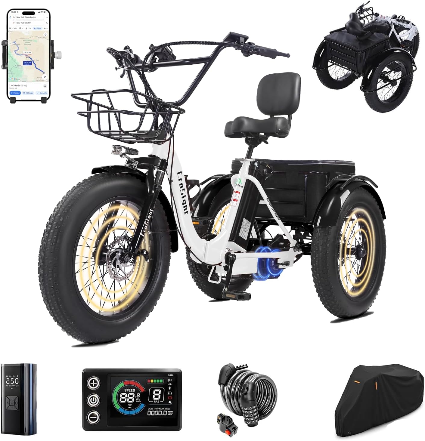 2.0 Electric Tricycle for Adults, 20'x4' Fat Tire Folding Electric Trike, 750W 48V 20.8Ah Long-Range Battery, Built-in Speaker, USB Port, 20MPH 75KM 7 Speed, 3 Wheel E-Trike