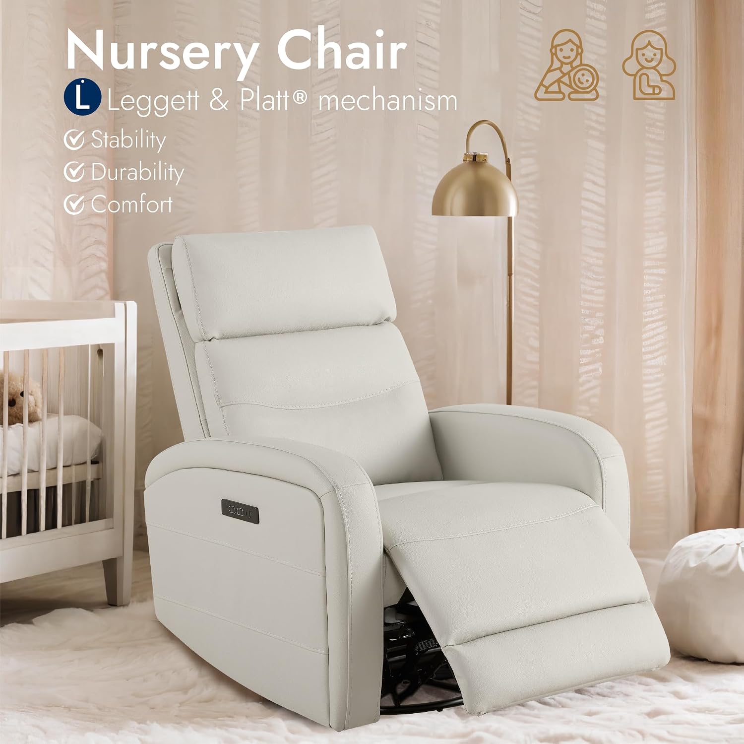 Watson & Whitely Swivel Recliner with Power Headrest, Recliner Chairs for Adults, Small Glider Rocker for Living Room, Faux Leather in Cream