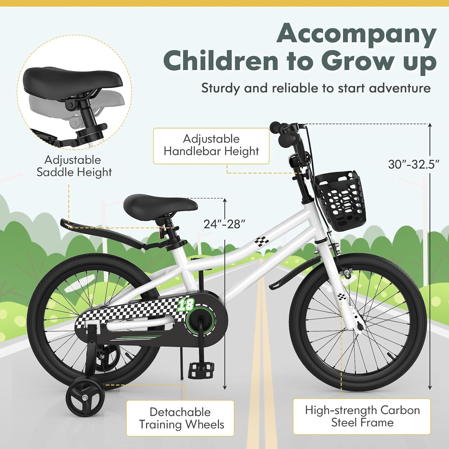 COSTWAY Kids Bike, 12 14 16 18 20 Inch Toddler Bike for Boys & Girls Aged 3-8 Years Old, Kids Bicycle w/Removable Training Wheels, Handbrake & Coaster Brake, Basket, Bell