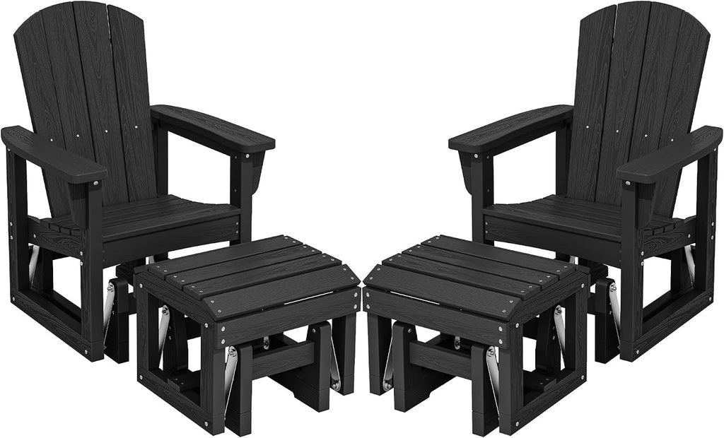 SERWALL Outdoor Glider Chair Set of 2 with Ottoman, HDPE Wood-Like Patio Glider Set All-Weather Porch Glider for Outside, Black