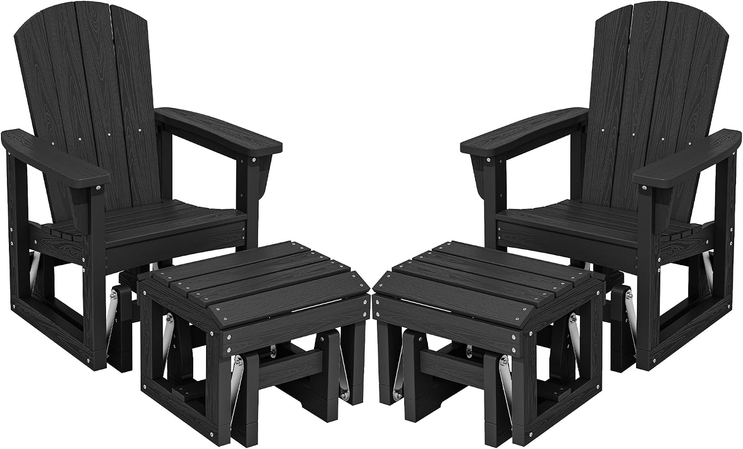 SERWALL Outdoor Glider Chair Set of 2 with Ottoman, HDPE Wood-Like Patio Glider Set All-Weather Porch Glider for Outside, Black