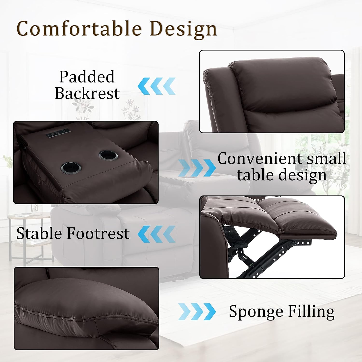 Korser Recliner Sofa, Reclining Loveseat with Console, Oversized Reclining Couch with Drop Down Table, 3-Seater Sofa with Cup Holder and Recessed Power Strip, Brown
