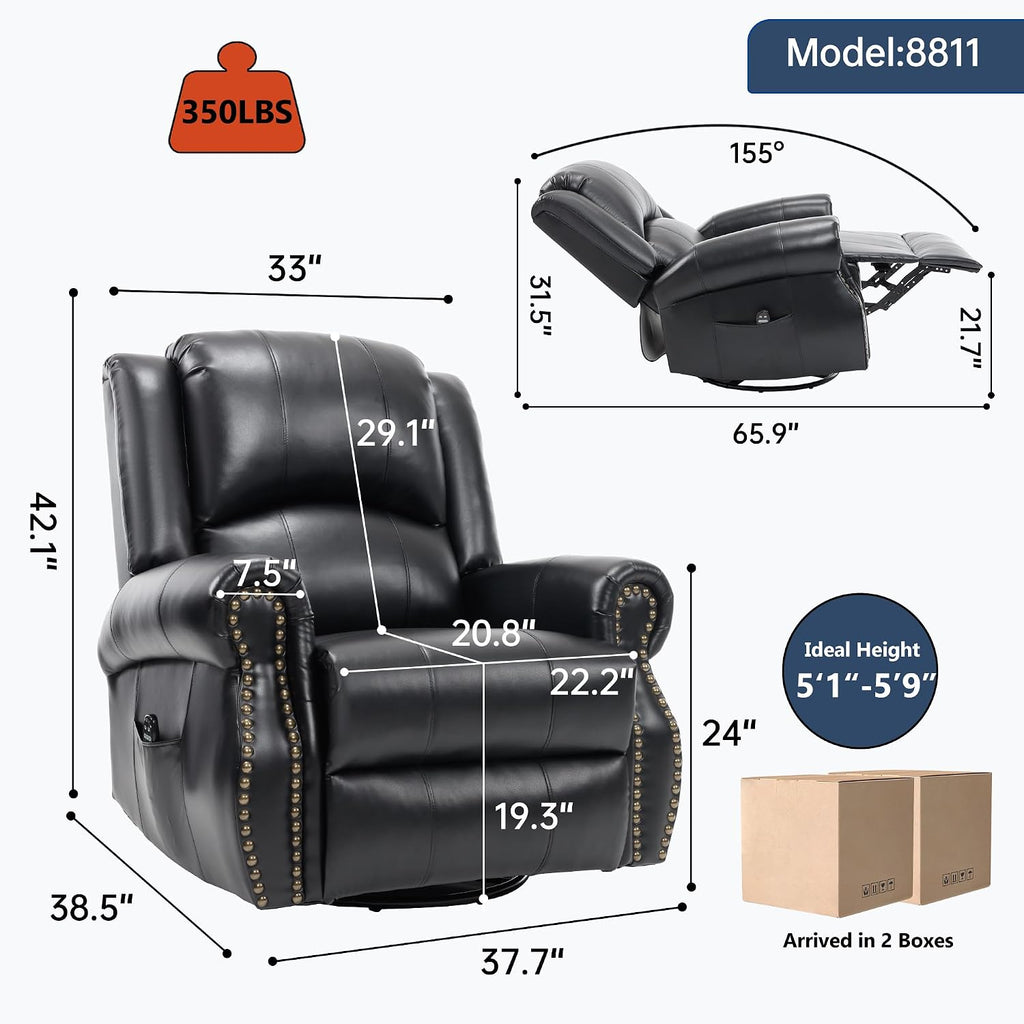 PELUMY Breathable Leather Swivel Rocking Recliner Chair for Adults, 360° Swivel Glider Rocker with Heat & Vibrating Massage, Lounge Chair for Living Room, Bedroom, Nursery (Black)
