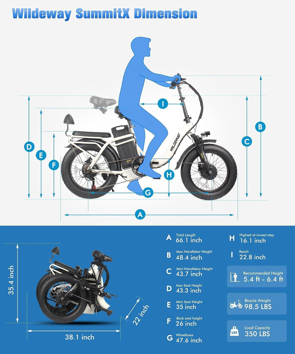 Wildeway 2000W Dual Motor Electric Bike SummitX 32Ah Battery E-Bike 90 Miles Long Range 28MPH Foldable 20x4.0 Fat Tire Ebike for Adult Hydraulic Brake Delivery Commuting Bicycle 2 Seat