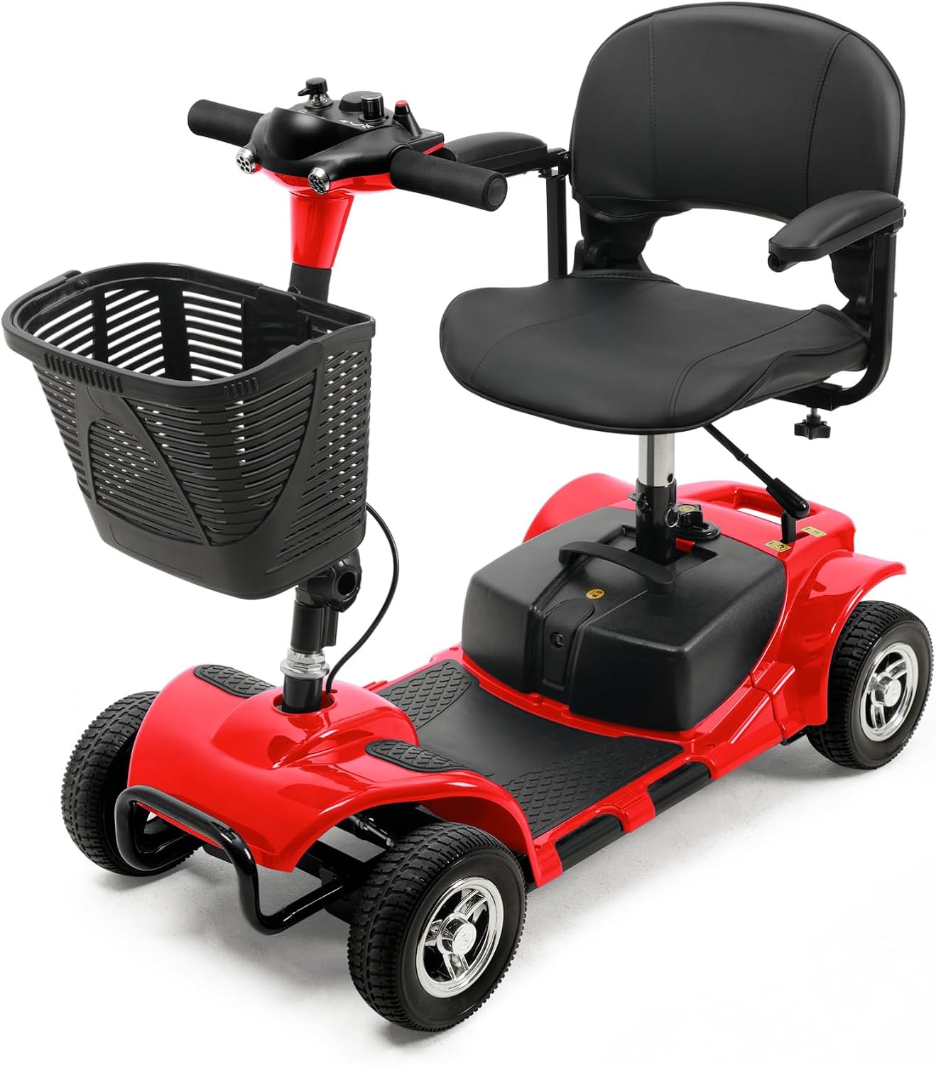 4 Wheel Mobility Scooters for Adults，Collapsible Compact Electric Scooter，Heavy Duty Powered Mobile Wheelchair Device with Lights，Basket and Long-Lasting Battery（Red）