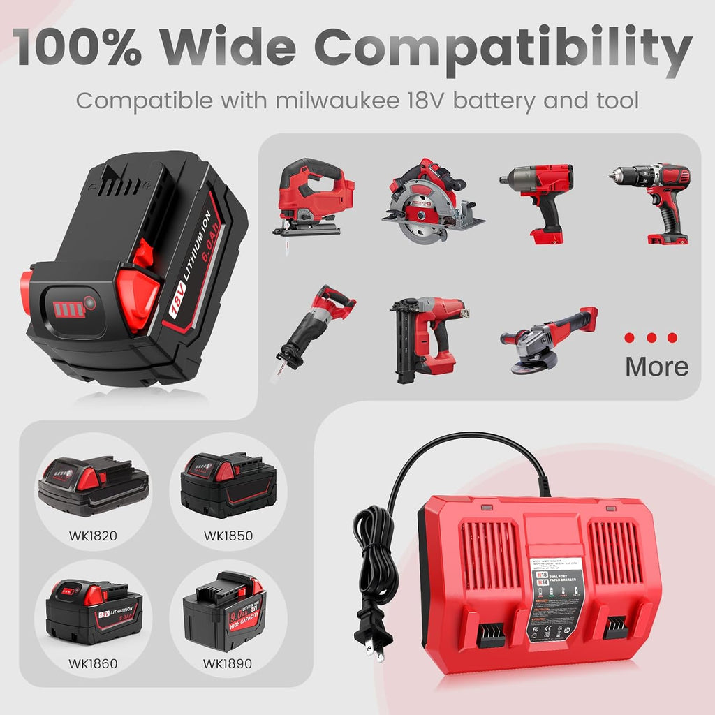 WECACHWE 6.0Ah High-Output Replacement for Milwaukee 18V Battery with Dual-Port Rapid Charger 4811-1862 4811-1852 4811-1840 4811-1830 4811-1811 4811-1815 4811-1820 4811-1841(6Battery+1Charger)