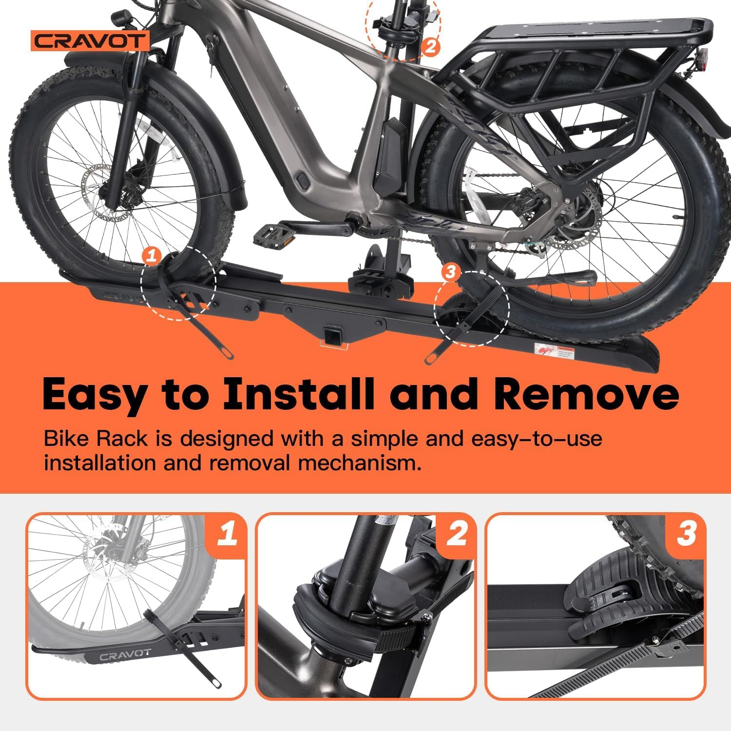 CRAVOT CyberRack E1 Electric Bike Rack, 100 lbs Capacity Foldable E Bike Racks for Tow Hitch Heavy Electric Bike Carrier for 1 E-Bike, Up to 5-inch Fat Tire 2'' Receiver w/Lock