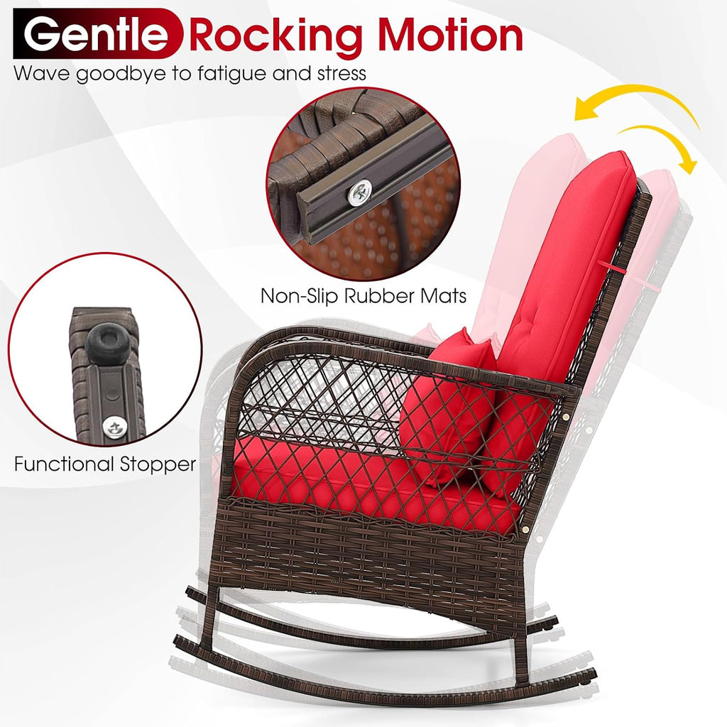 Tangkula 3 Piece Patio Rocker Set, Patiojoy Outdoor Wicker Rocking Chairs w/Double-Layer Coffee Table, Rattan Rocker Chair Set w/Seat Back Cushions & Pillows, for Porch, Backyard, Poolside (Red)