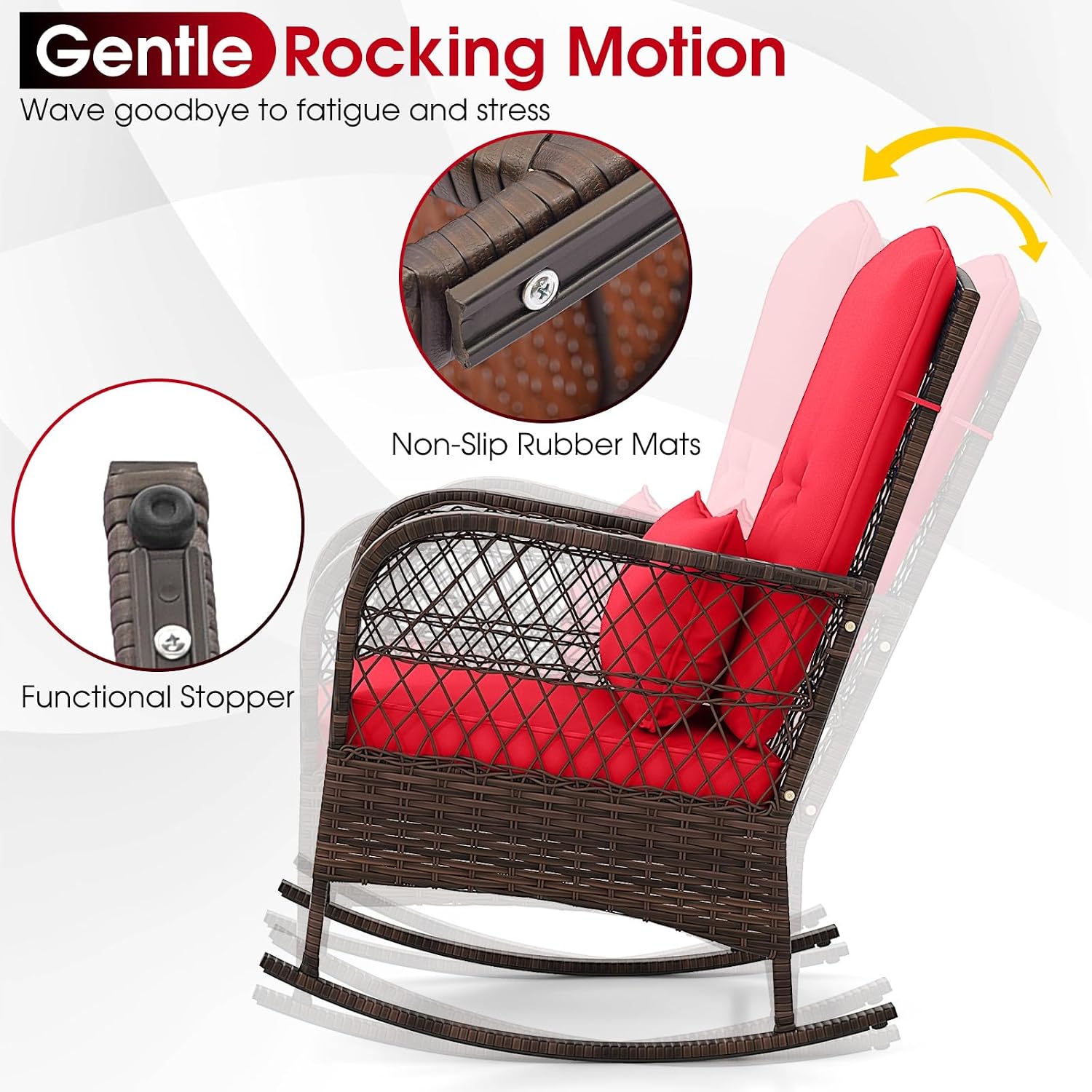 Tangkula 3 Piece Patio Rocker Set, Patiojoy Outdoor Wicker Rocking Chairs w/Double-Layer Coffee Table, Rattan Rocker Chair Set w/Seat Back Cushions & Pillows, for Porch, Backyard, Poolside (Red)