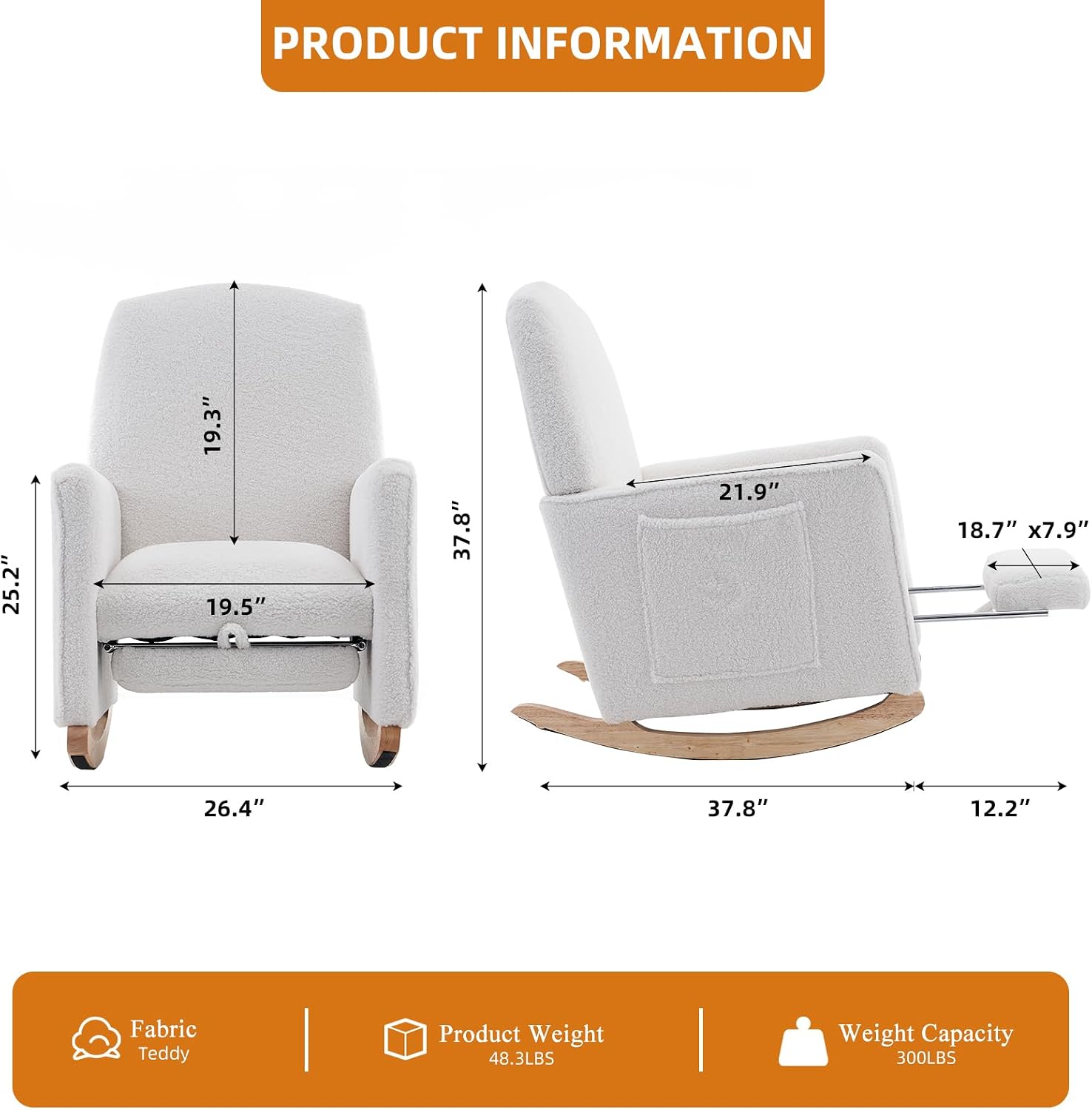 Rocking Chair Nursery with Foot Rest, Teddy Nursing Rocking Chair with High Backrest, Glider Rocker Chair for Living Room, Bedroom, Nursery(Teddy Ivory)