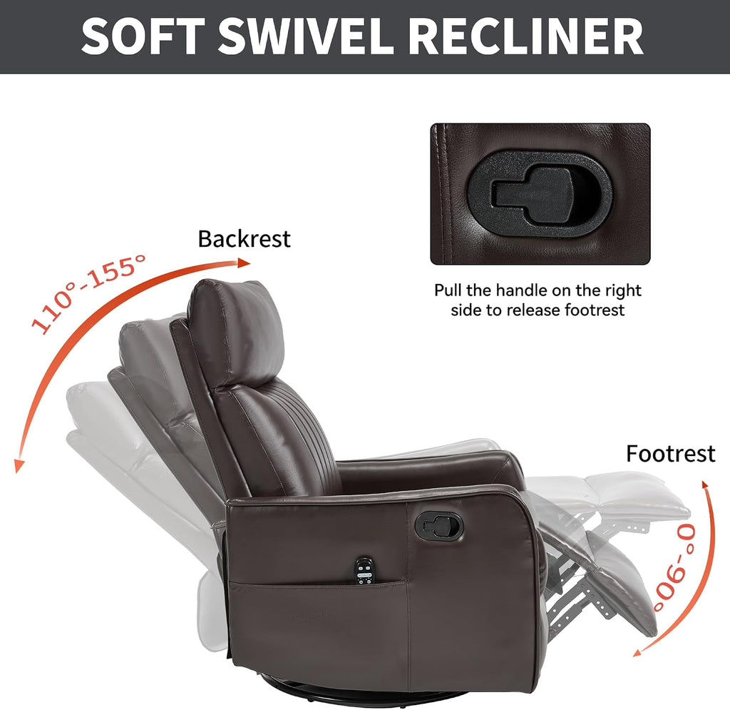 Manual Swivel Rocker Recliner Chair for Adults, Overstuffed Reclining Glider Chair for Nursing with Vibration Massage & Heat, Living Room Rocking Recliner 2-Stage backrest, Faux Leather Dark Brown