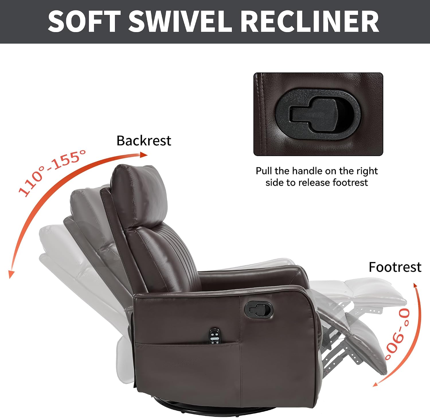 Manual Swivel Rocker Recliner Chair for Adults, Overstuffed Reclining Glider Chair for Nursing with Vibration Massage & Heat, Living Room Rocking Recliner 2-Stage backrest, Faux Leather Dark Brown