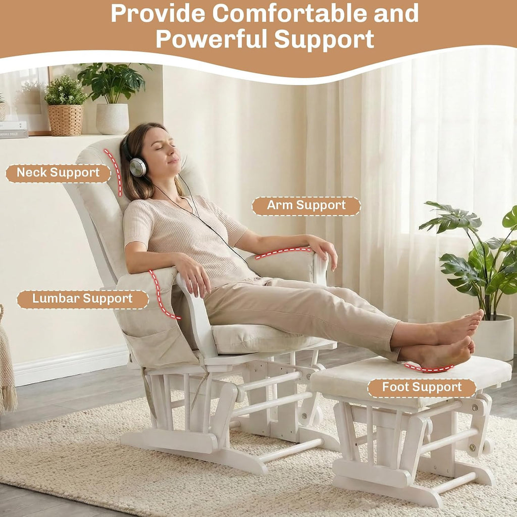 5PCS Suede Glider Rocker Replacement Cushions with 29.5' High Backrest & Side Pockets, Thickened Soft Glider Rocking Chair Cushions with Ottoman Cushion for Indoor Nursery Rocking Chair, Beige