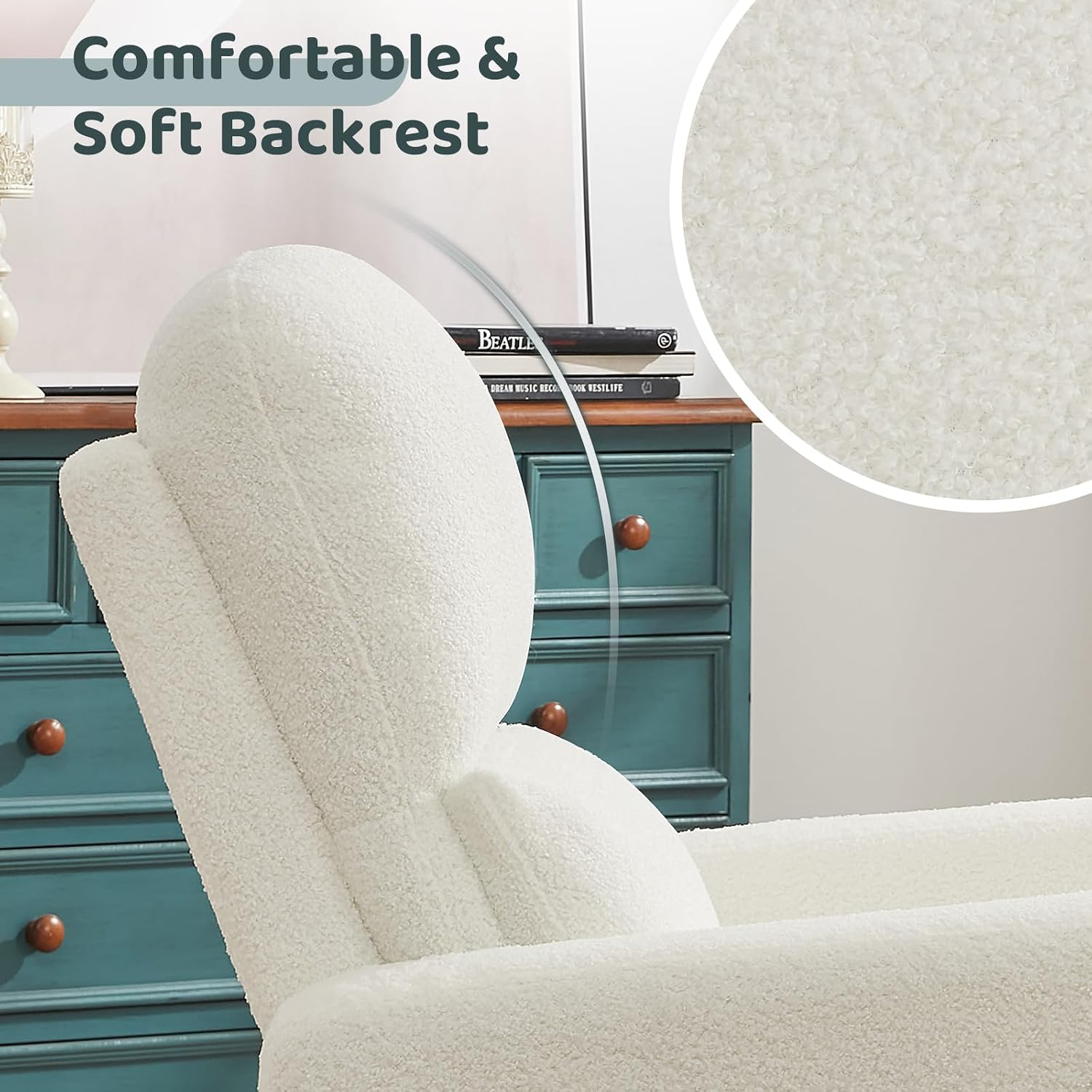Swivel Rocker Recliner, Oversized Boucle Glider Recliner Nursery, Manual Swivel Rocking Reclining Chairs with Removable Cushion and Lumbar Support for Nursery Living Room Bedroom, Teddy White