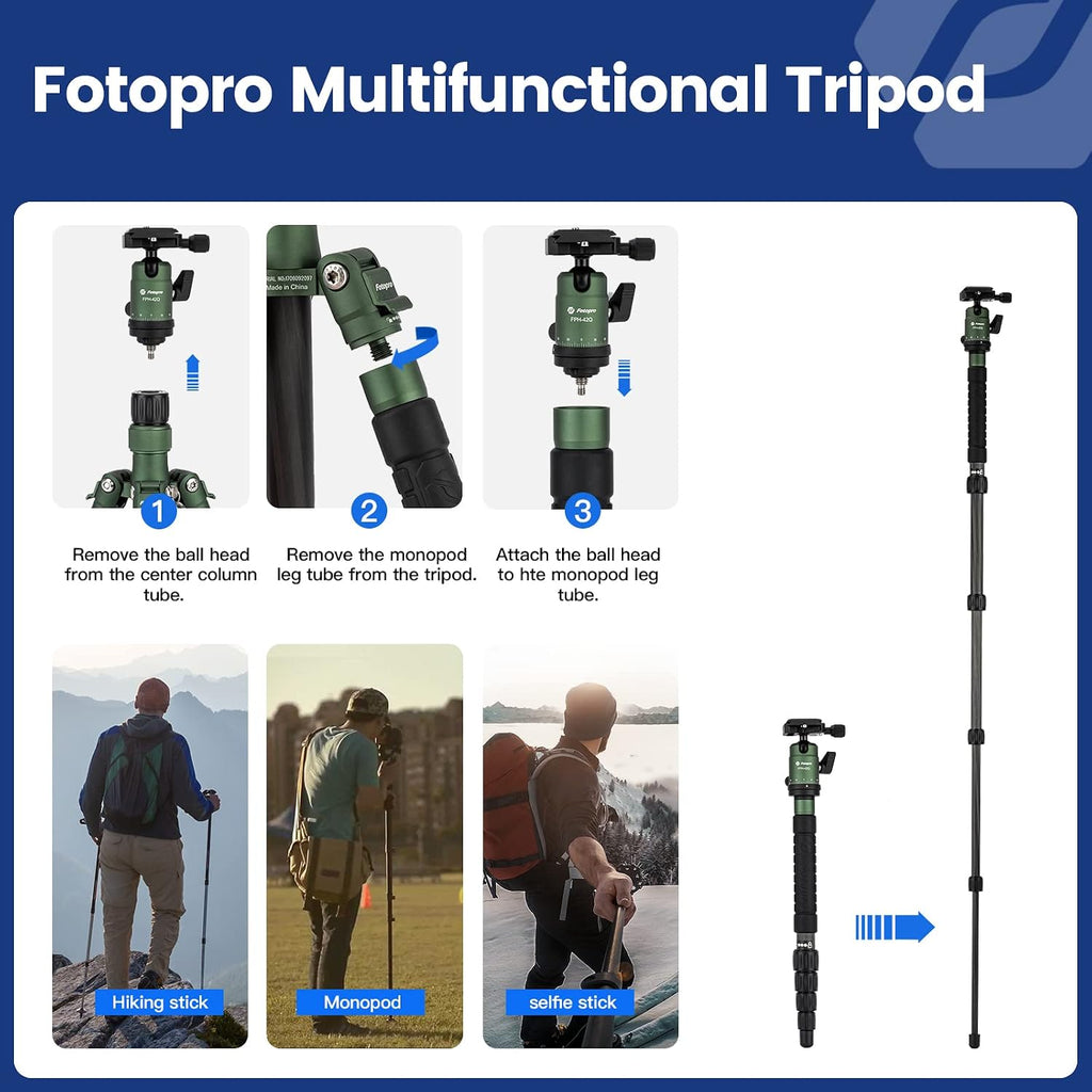 Fotopro 57inch Carbon Fiber Tripod Bundle with Rotatable Collar Tripod Lens Mount Rings