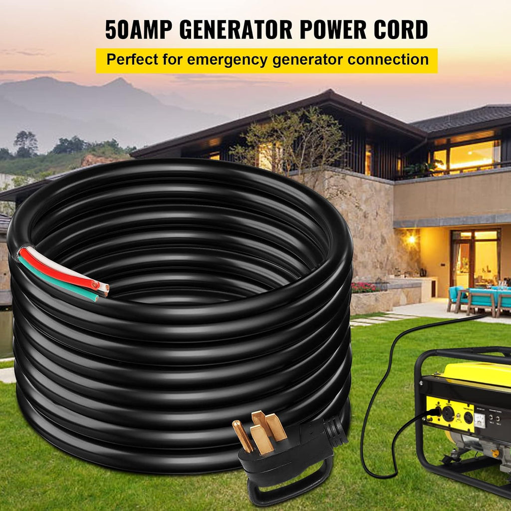 VEVOR 25 FT 50 Amp Generator Extension Cord 6/3+8/1 AWG STW 50A RV Power Cord NEMA 14-50P to Bare Wire Cut Cord for Manual Transfer Switch Home Backup Camper Trailer Temporary Power ETL Certified
