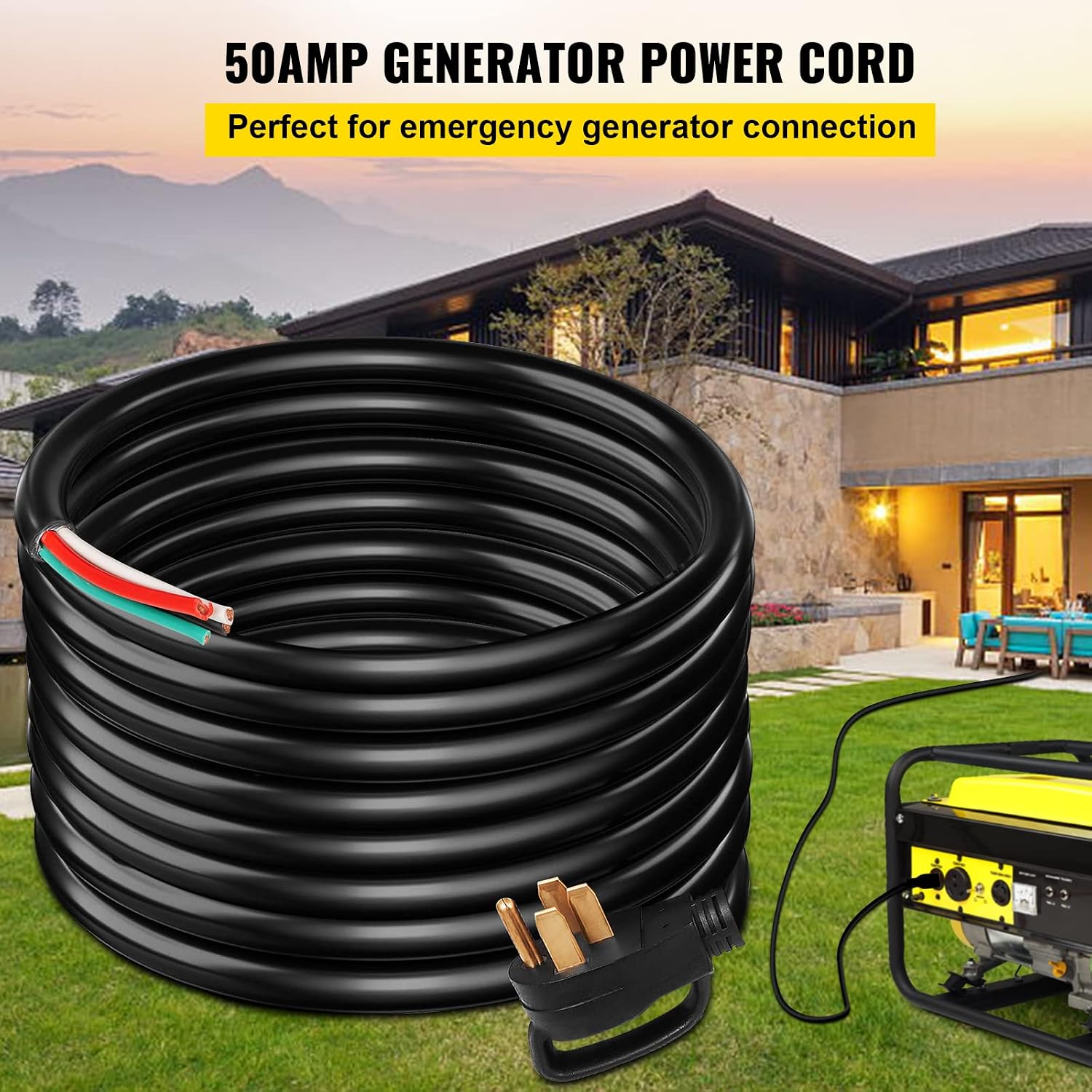 VEVOR 25 FT 50 Amp Generator Extension Cord 6/3+8/1 AWG STW 50A RV Power Cord NEMA 14-50P to Bare Wire Cut Cord for Manual Transfer Switch Home Backup Camper Trailer Temporary Power ETL Certified