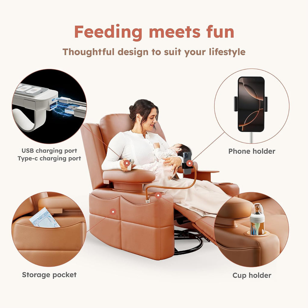 MAMAZING Lullapod Power Nursery Recliner Rocking Chair, Triple Motor Power Recliner with HugAssist Armrest, 270° Swivel Glider and Quiet Rocking Chair Nursery with Dual Charging Port and Storage