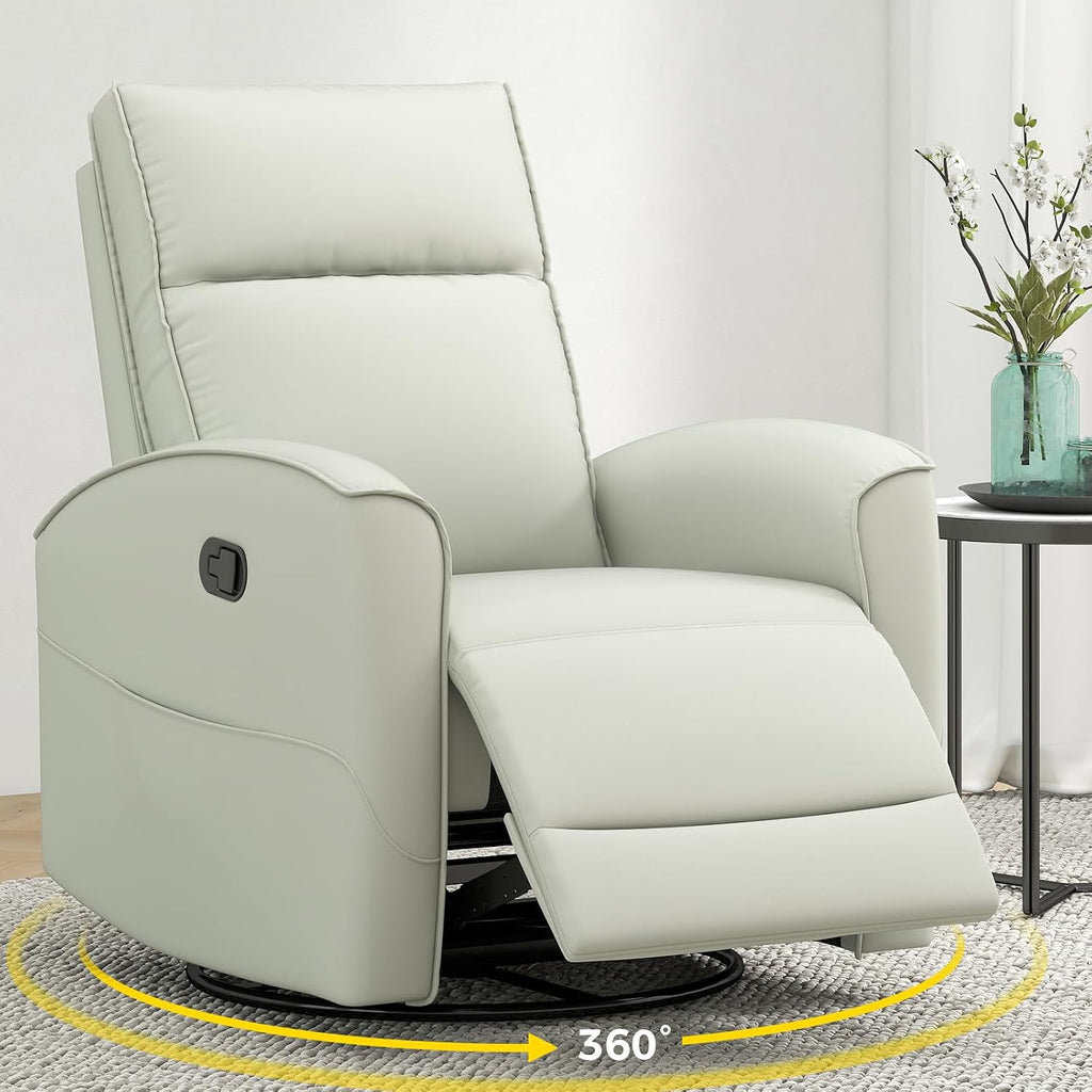 ANJ Manual Swivel Rocker Recliner, Glider Recliners with Padded Armrest and Backrest, Soft Faux Leather Nursery Rocking Recliner Chair Reclining Sofa for Living Room,Cream