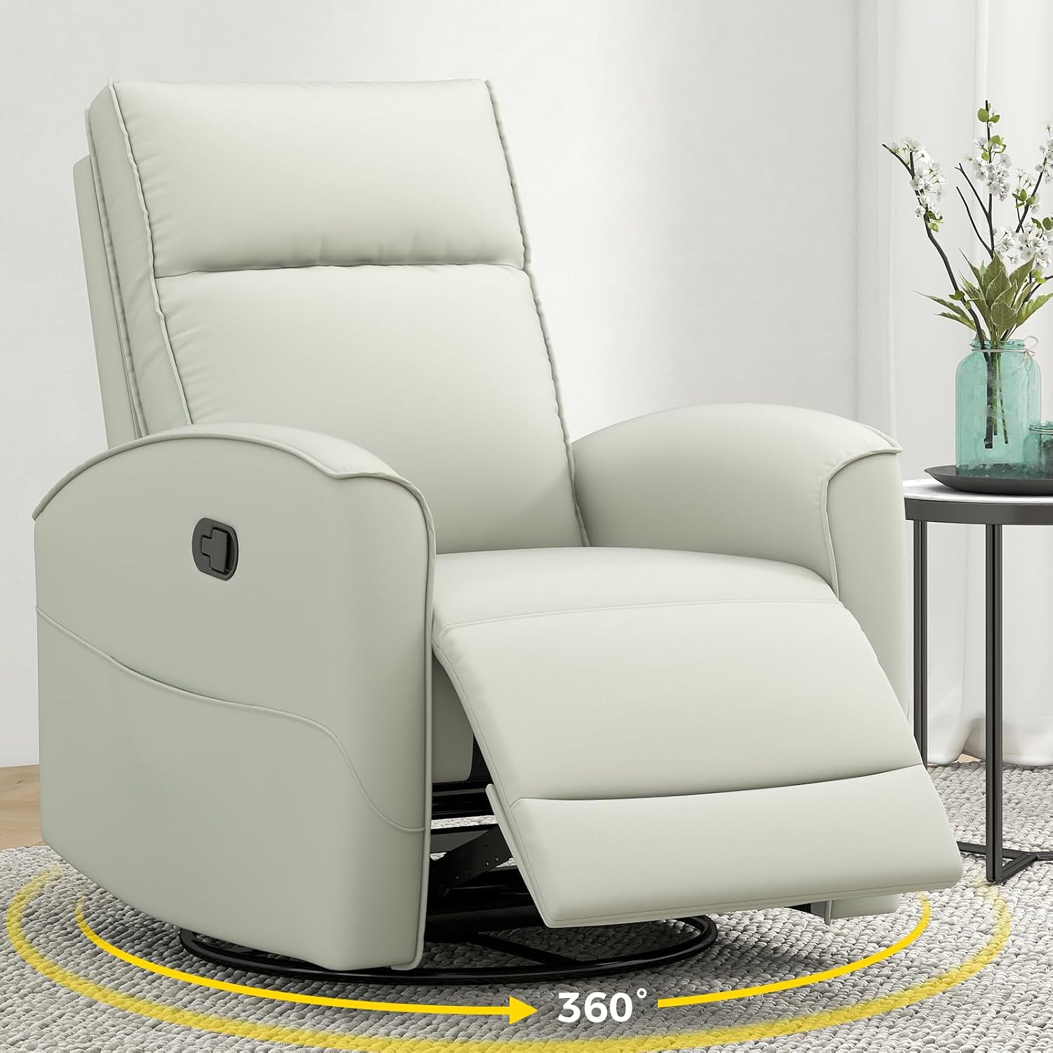 ANJ Manual Swivel Rocker Recliner, Glider Recliners with Padded Armrest and Backrest, Soft Faux Leather Nursery Rocking Recliner Chair Reclining Sofa for Living Room,Cream