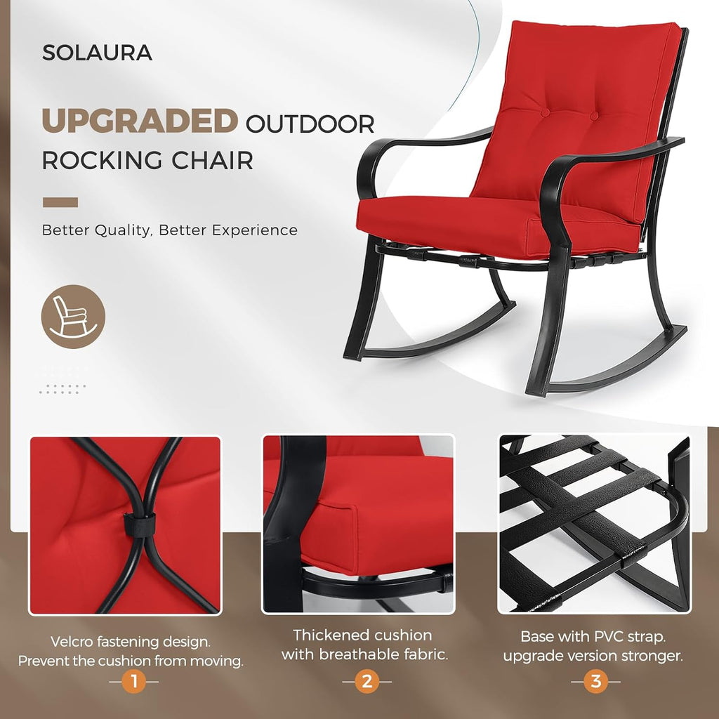 SOLAURA 3-Piece Outdoor Rocking Chairs Bistro Set, Black Iron Patio Furniture with Red Thickened Cushion & Glass-Top Coffee Table