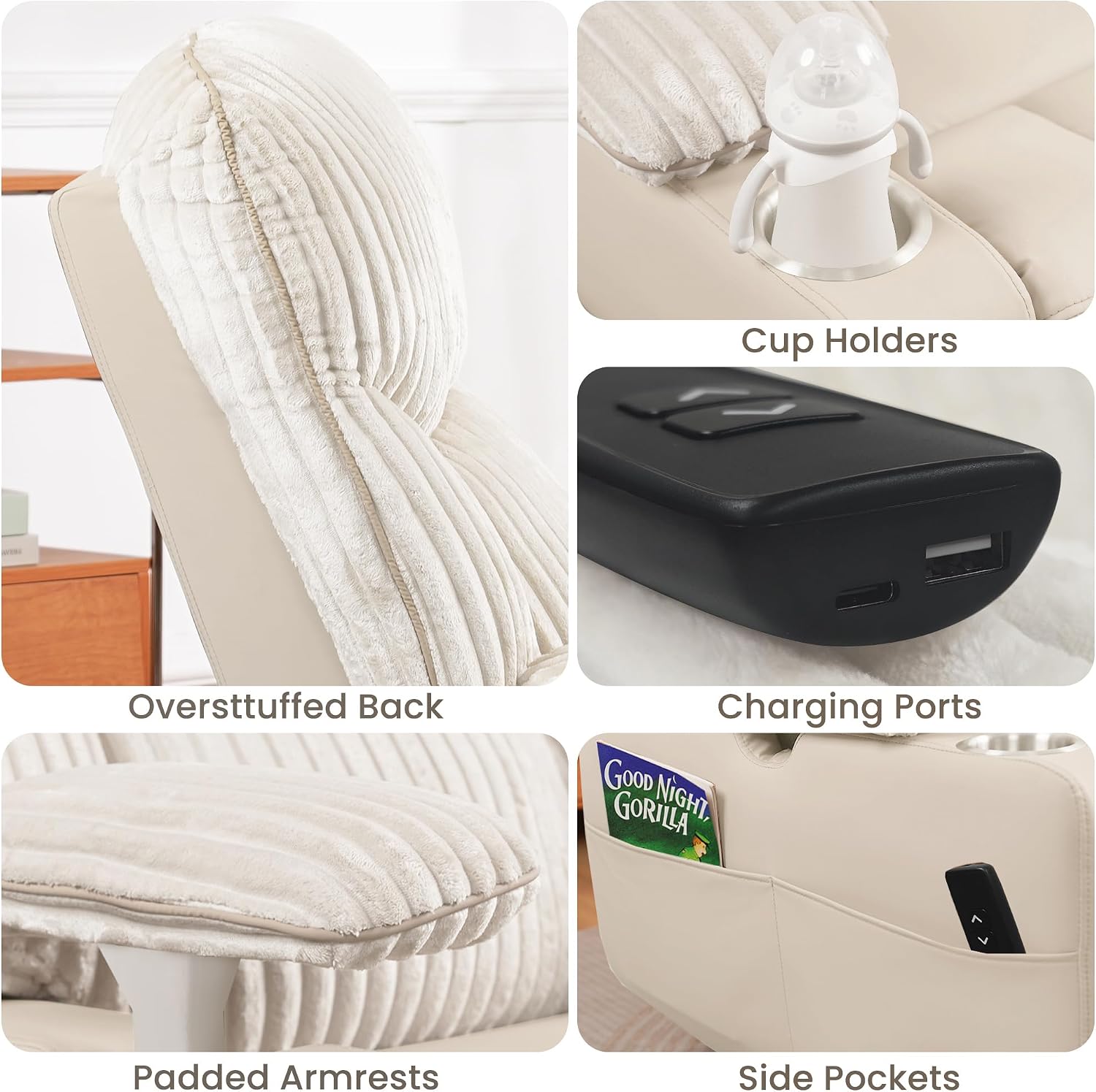 SUNWAVE Power Nursery Rocking Chair with Adjustable Armrests, Nursing Chair with USB, Cup Holders, Swivel Rocker Recliner with Corduroy and PU Leather Fabric