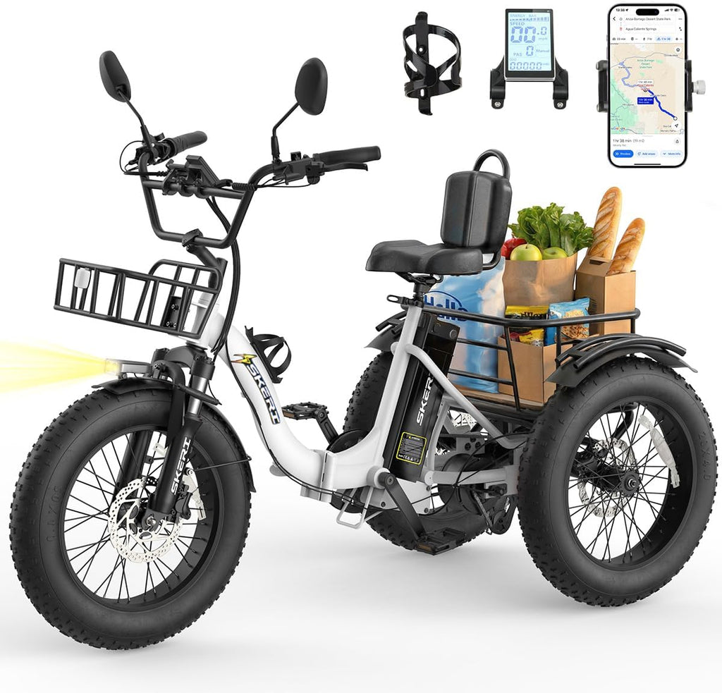 Skeri Electric Tricycle for Adults, 750W(Peak 1350W) Motor Etrike, 20'x4' Folding Fat Tire Electric Trike, 48V13Ah Battery, 3-Wheel Electric Bike, 20MPH, Front & Rear Basket & Differential