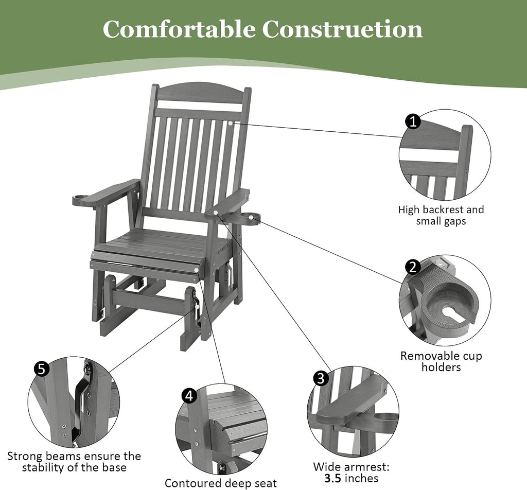 Poly Lumber Patio Glider for One Person, with Cup Holders, High Backrest and Deep Contoured Seat, HIPS Material, All-Weather Resistant, Heavy Duty 700 LBS (Gray)