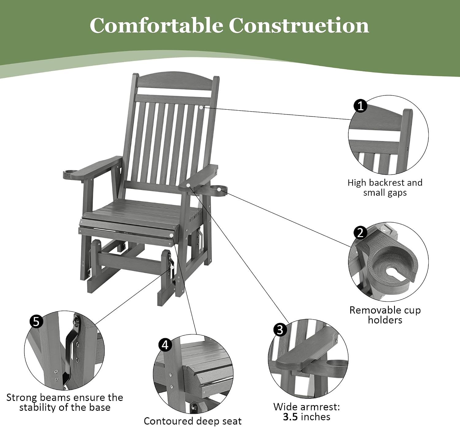 Poly Lumber Patio Glider for One Person, with Cup Holders, High Backrest and Deep Contoured Seat, HIPS Material, All-Weather Resistant, Heavy Duty 700 LBS (Gray)