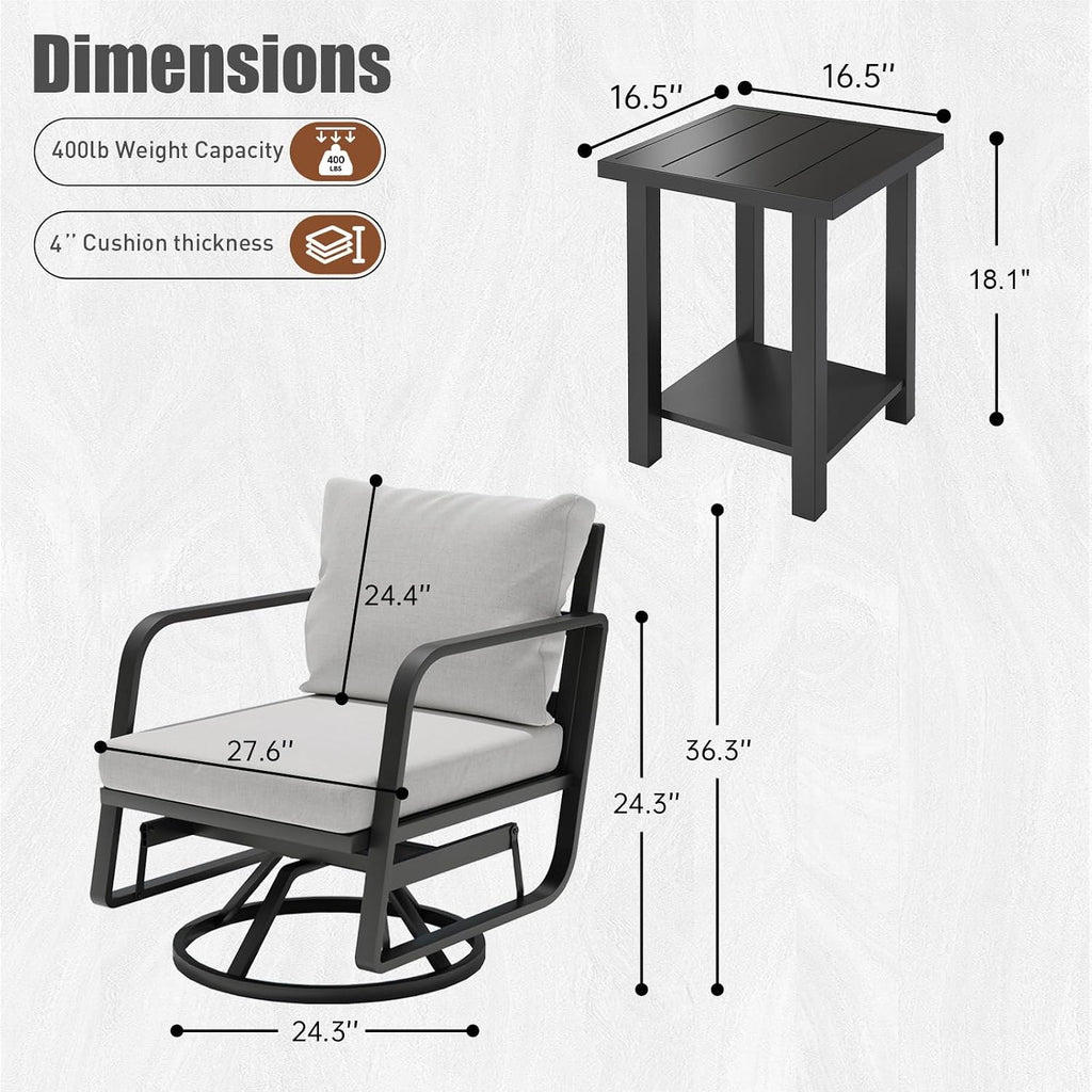 Patio Chairs Swivel Rocker Sets: 3Pieces Aluminum Alloy Ensemble 360° Swivel Rocking Chairs, Rust-Resistant Frame Cushions -Perfect for Backyard, Deck, Porch, and Balcony Decoration(2Swivels+1Table)