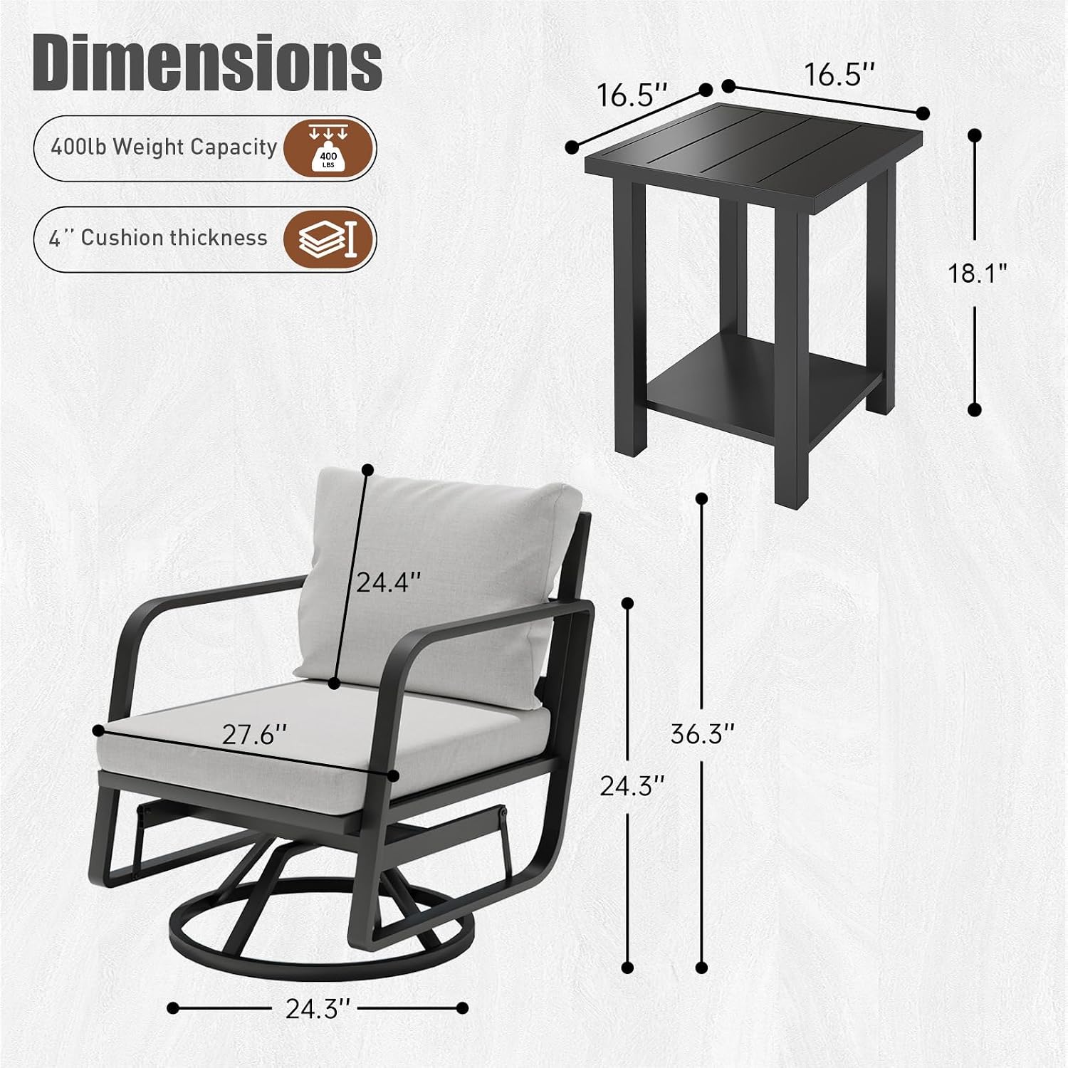 Patio Chairs Swivel Rocker Sets: 3Pieces Aluminum Alloy Ensemble 360° Swivel Rocking Chairs, Rust-Resistant Frame Cushions -Perfect for Backyard, Deck, Porch, and Balcony Decoration(2Swivels+1Table)
