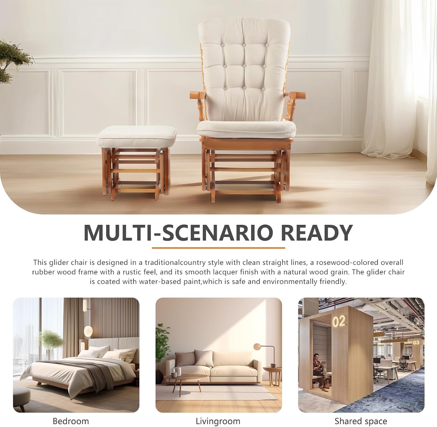 Solid Wood Anti-Pinching Rocking Glider Chair with Ottoman Cushion Set, Nursery Rocking Chair for Living Room Bedroom Reading Room, Honey