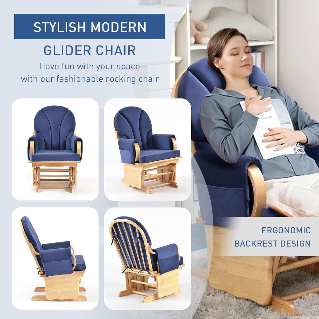 Solid Wood Glider Gentle Rocking Chair, Stylish Modern Glider Rocker with Padded Cushion, Smooth Rocking Motion Indoor Living Room Reading,Watching,Sleeping, Wood Color+Blue