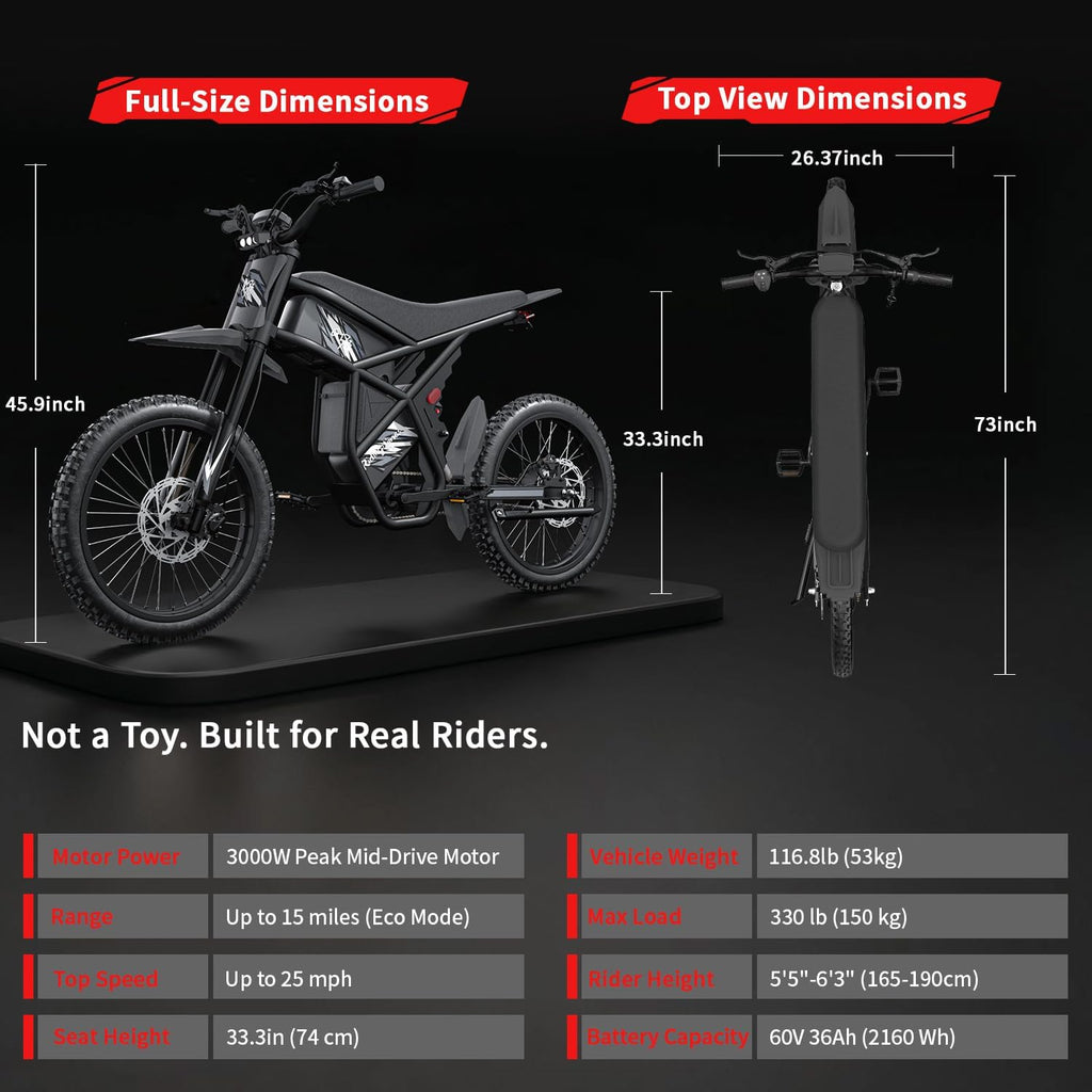 Bootime GT73 PRO/ GT73 Electric Dirt Bike for Adults Teens - 3000W/ 2500W Motor 50/37 MPH High-Speed, 25' Fat Tires & Dual Removable Battery(60V/48V) | All-Terrain Off-Road eBike for Snow, Sand