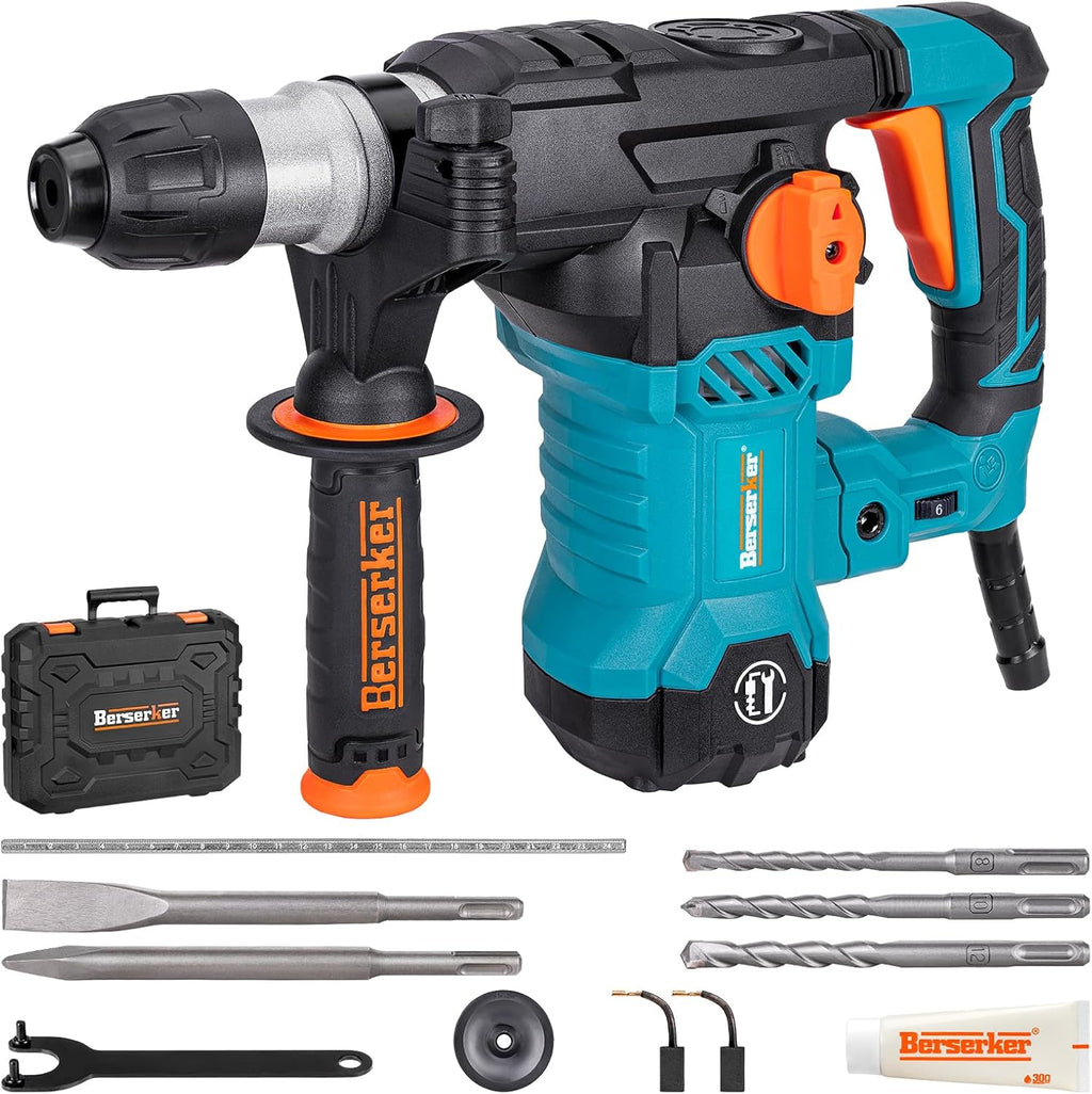 Berserker 1-1/4' SDS-Plus Rotary Hammer Drill with Vibration Control,Safety Clutch,12.5 Amp 4 Functions Corded Rotomartillo for Concrete-Including 3 Drill Bits,Flat Chisel,Point Chisel,Carrying Case