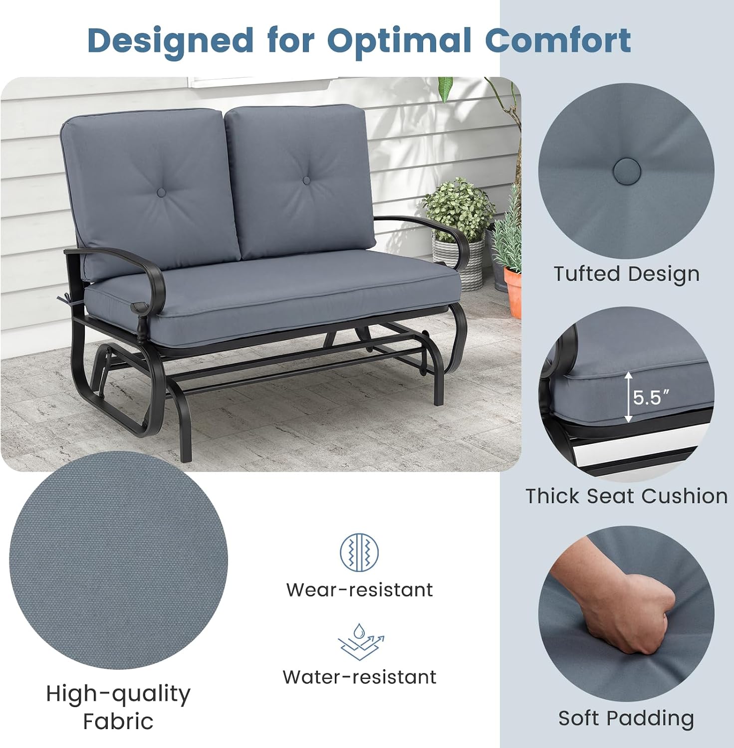 Tangkula Outdoor Swing Glider Chair, Patio Glider Bench for 2 Persons, Outdoor Rocking Loveseat with Steel Frame & Comfortable Cushions for Garden, Porch, Balcony, Poolside (Grey)