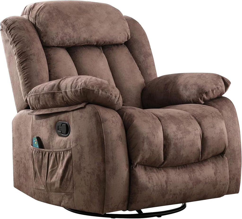 INZOY Rocker Recliner with Heat and Vibration, Manual Swivel Rocking Chair with Vibrating Massage, Comfy Padded Overstuffed Soft Fabric Heated Recliner (Brown)