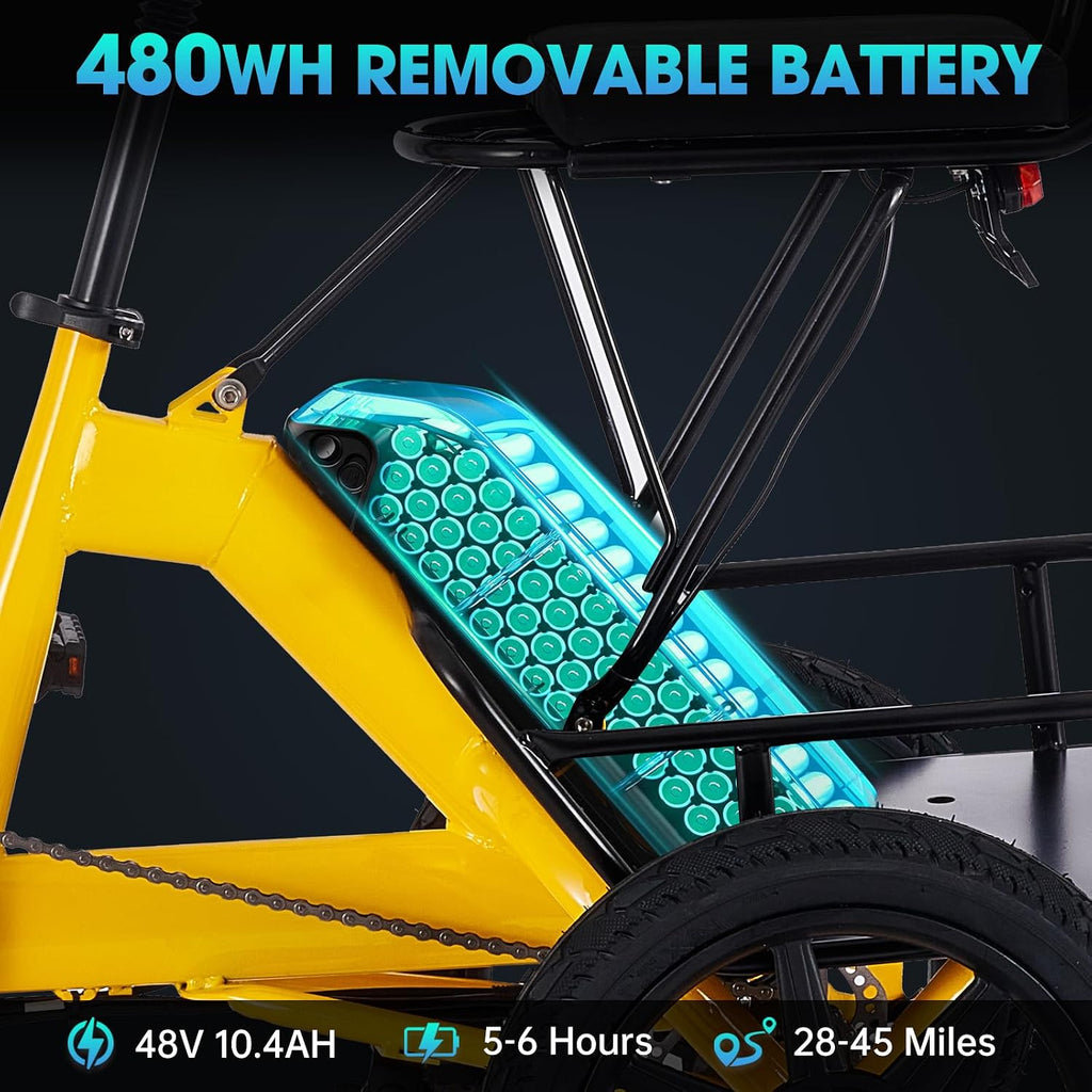 E Trike Electric Bike, 350W(Peak 500W) Brushless Motor Folding Trike, 2 Seats Ebike, 480Wh Removable Battery, Step-Thru 3 Wheel Electric Bicycle, Up to 45 Miles, Tricycle for Adults Parents