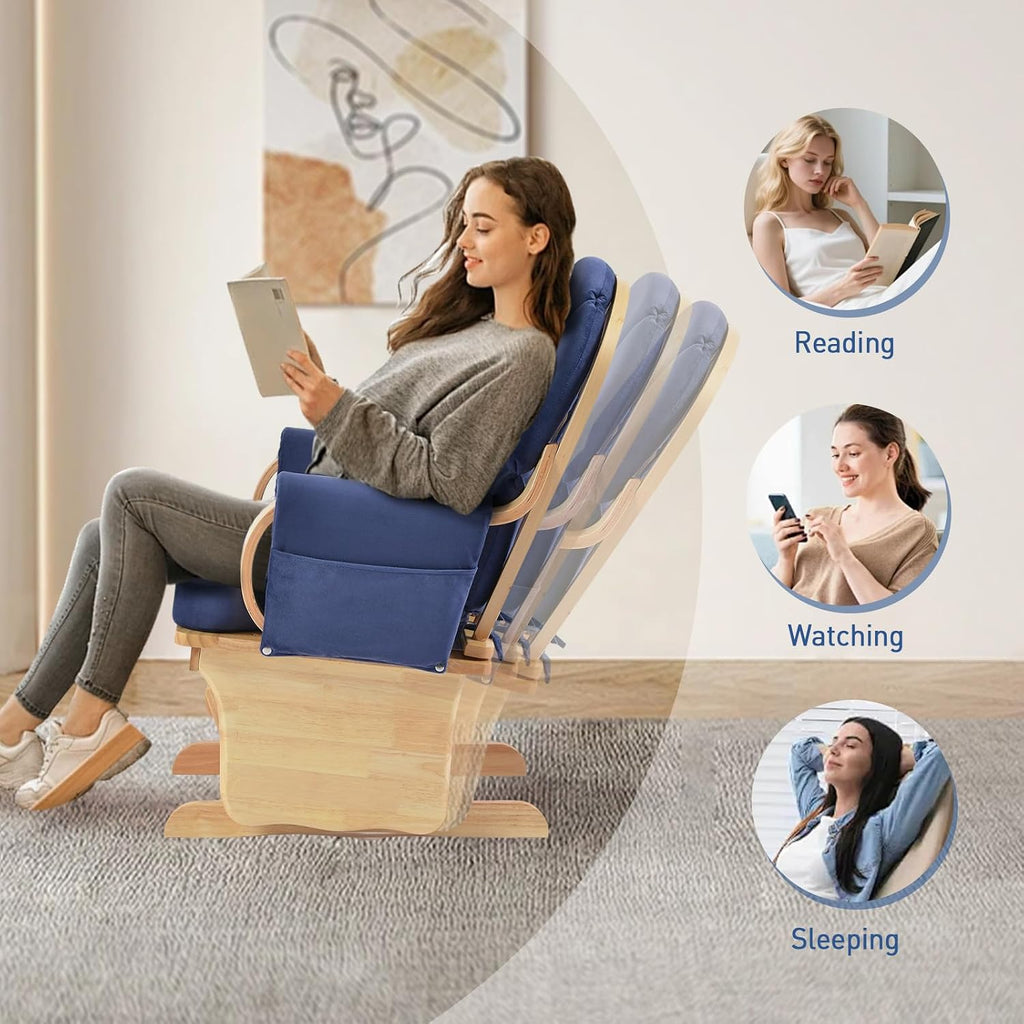 Solid Wood Glider Gentle Rocking Chair, Stylish Modern Glider Rocker with Padded Cushion, Smooth Rocking Motion Indoor Living Room Reading,Watching,Sleeping, Wood Color+Blue