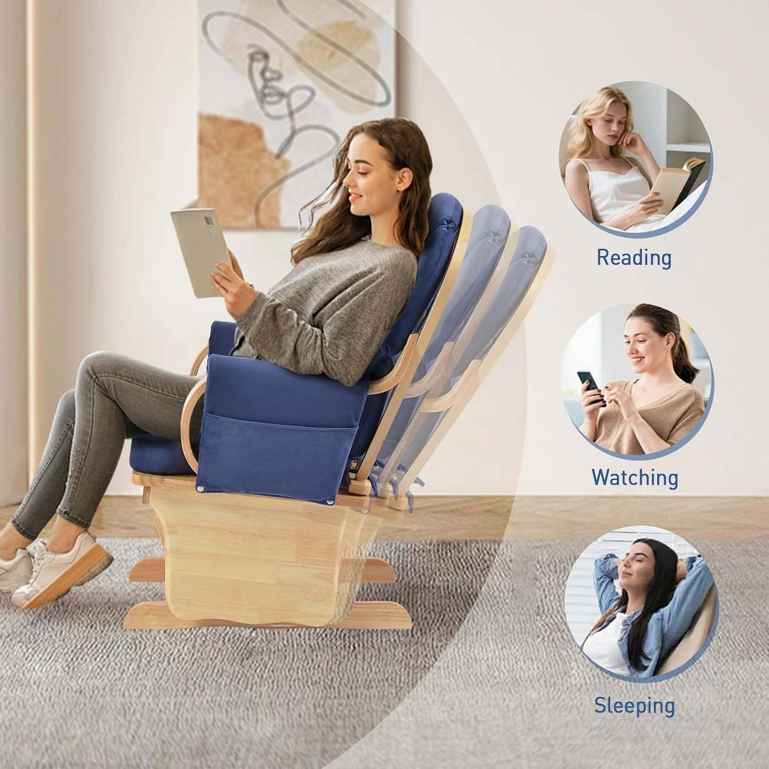 Solid Wood Glider Gentle Rocking Chair, Stylish Modern Glider Rocker with Padded Cushion, Smooth Rocking Motion Indoor Living Room Reading,Watching,Sleeping, Wood Color+Blue