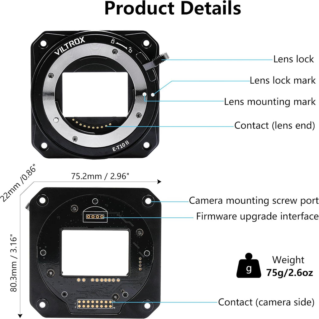 VILTROX E-T10 II Lens Mount Adapter Converter Compatible with Sony E Mount Lens to Z-CAM E2-M4 and E2-S6 Cinema Cameras