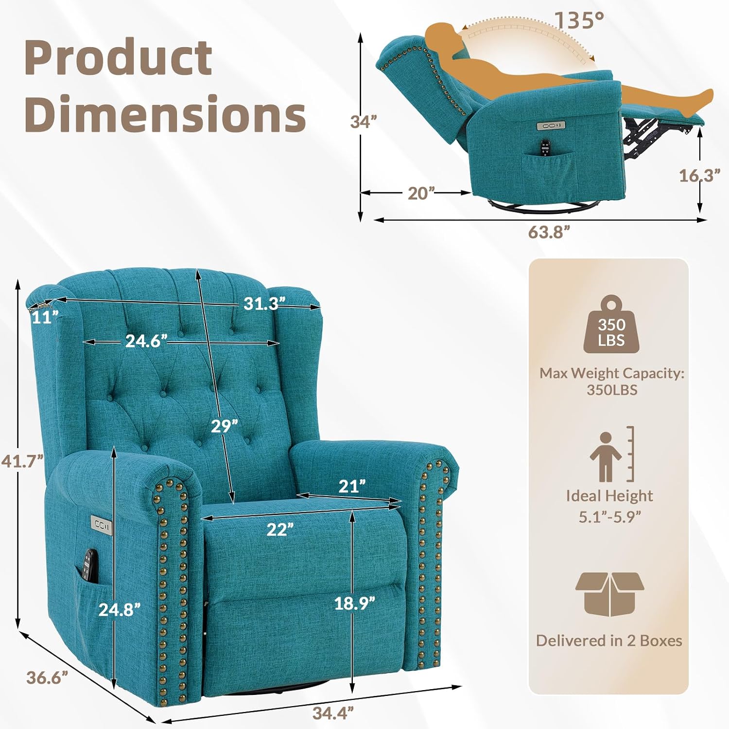 Power Swivel Rocking Glider Recliner Chair with Massage and Heat, Electric Nursery Glider Rocker for Living Room, Wingback Tufted Upholstered Recliner Chair with Type-C & USB Ports, Teal