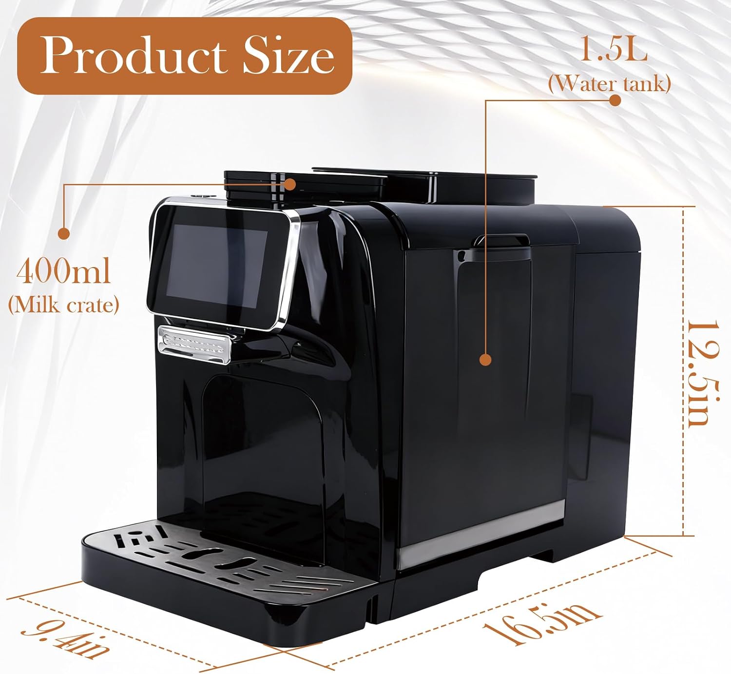 Fully Automatic Espresso Coffee Machine with Milk Cooler 4.3' Touchscreen Dual Heating 11 One Touch Beverages Adjustable Grinder & Milk Frother WiFi Smart Control
