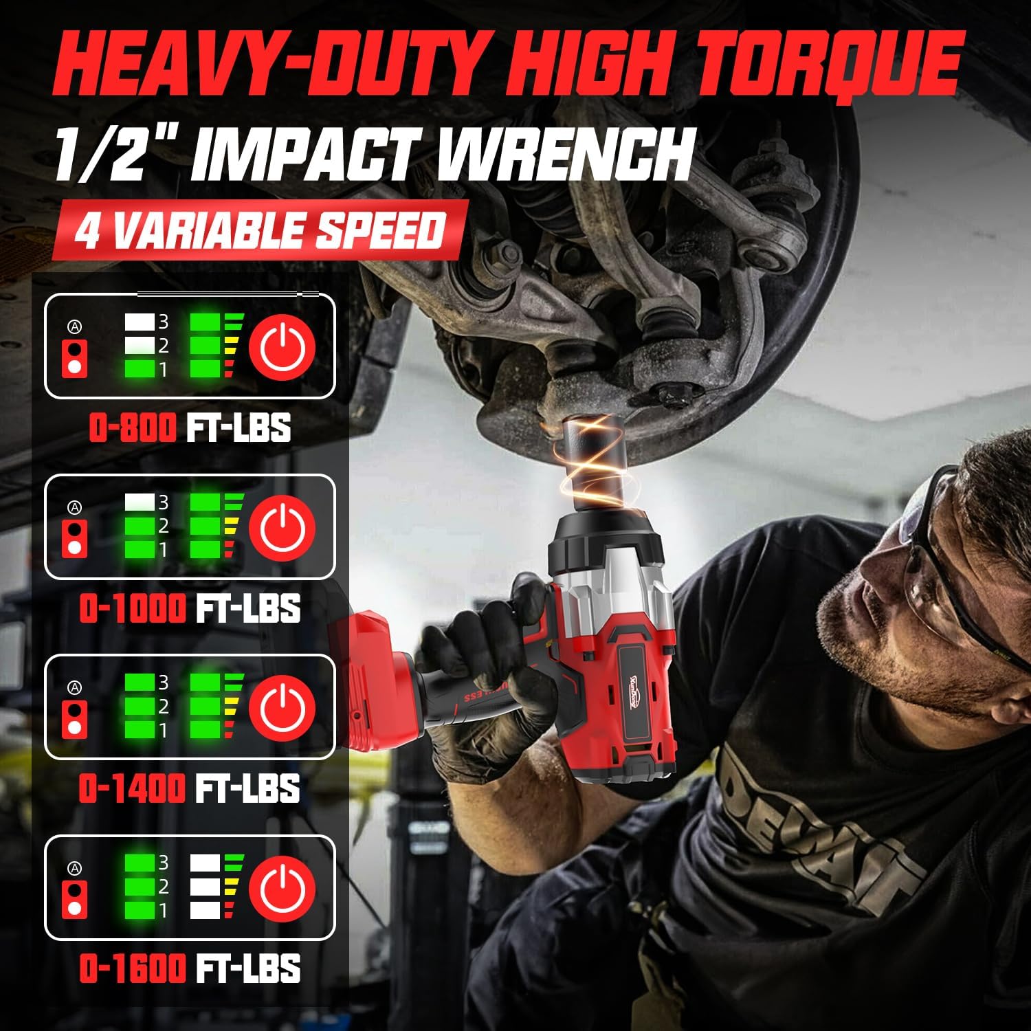 Cordless Impact Wrench 1/2' Compatible with Milwaukee 18V Battery, 1600Ft-lbs(2200N.m) High Torque Impact Gun Heavy Duty, Brushless Electric Power Impact Driver with 4 Speed Modes & LED Work Light