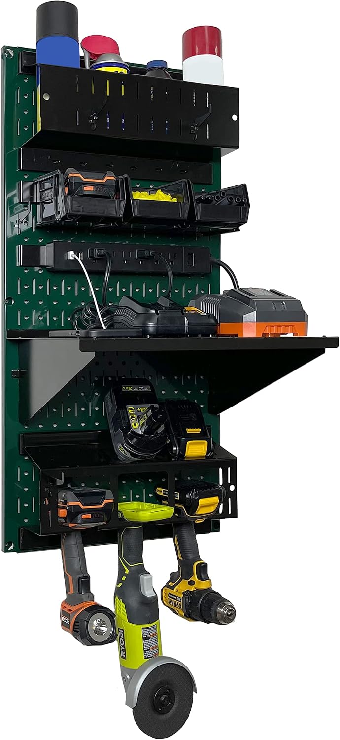Wall Control Power Tool Storage Organizer Kit Cordless Drill Holder Charging Station Rack 16' x 32' Metal Pegboard Organization System (Green Pegboard)