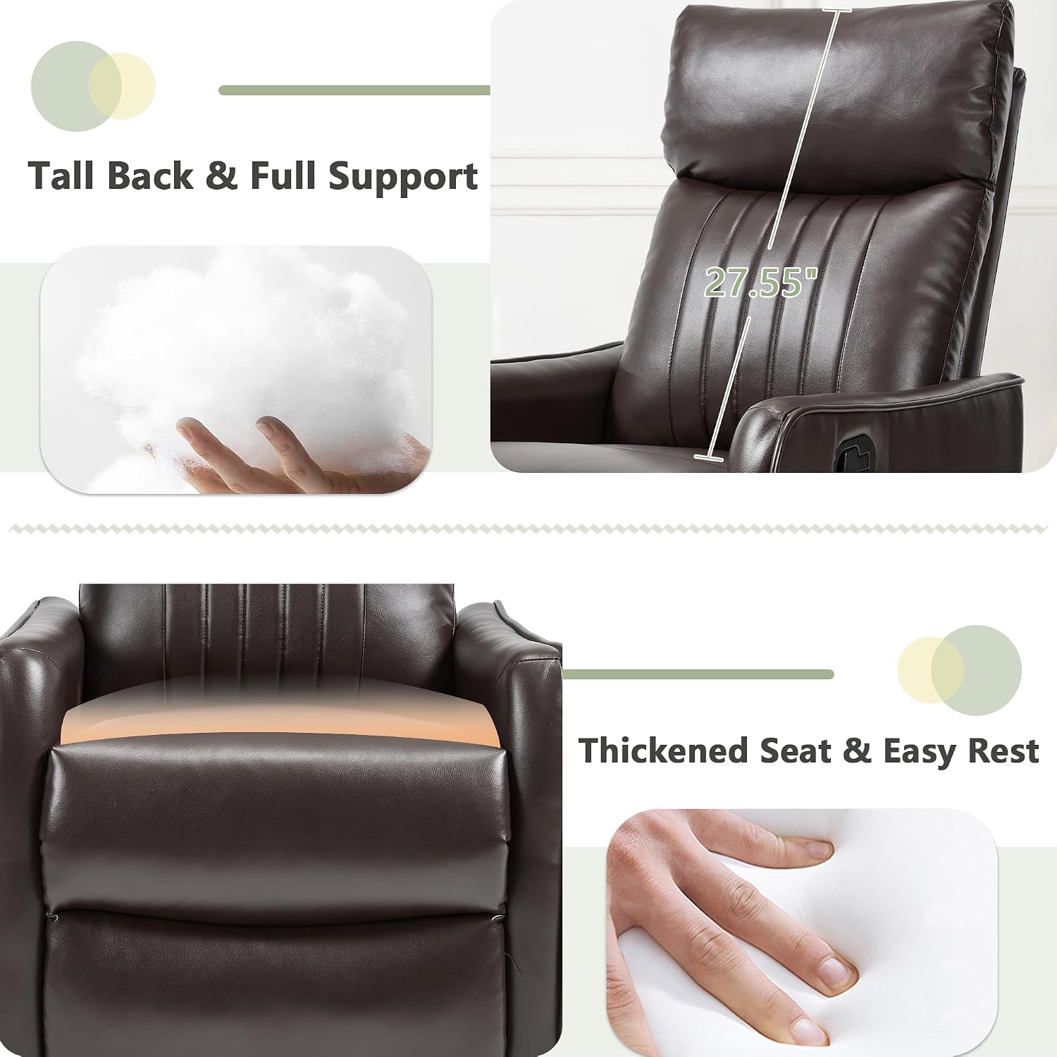 cinkehome Swivel Rocker Recliner, Glider Rocker Recliner Chair for Nursery, Manual Reclining Chair with Heated Massage, Small Spaces, Living Room, Faux Leather Brown